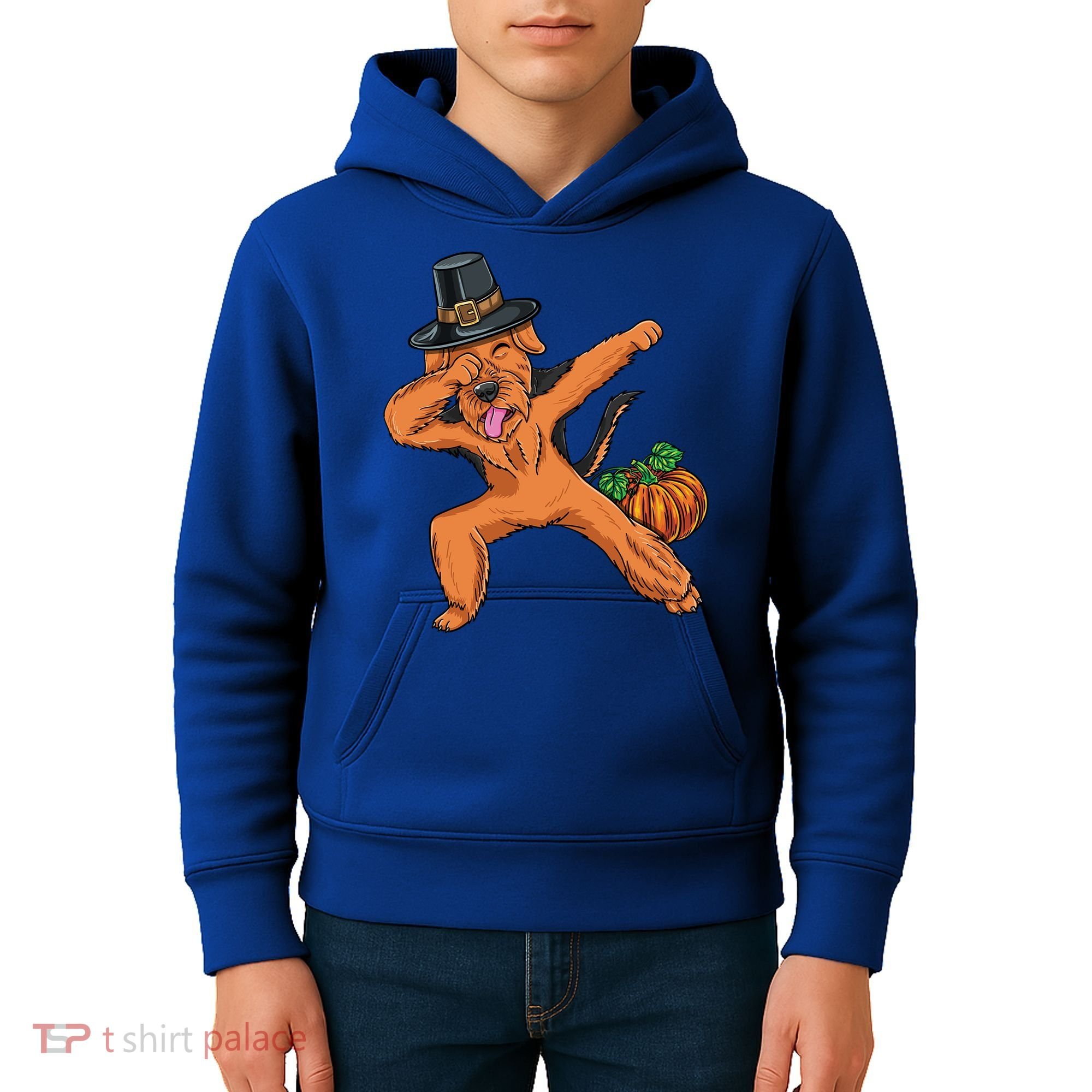 Dabbing Pilgrim Airedale Terrier Thanksgiving Meaningful Gift Kids Hoodie