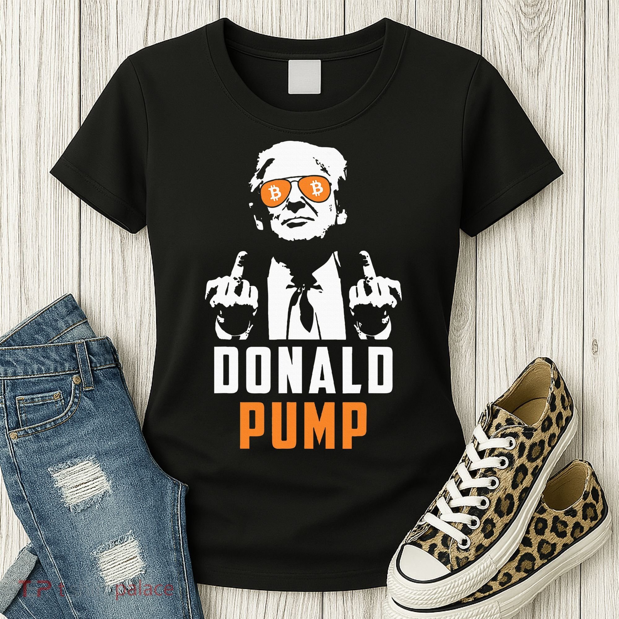 Donald Pump Bitcoin Funny Trump 2024 Crypto American Flag Women's T-Shirt
