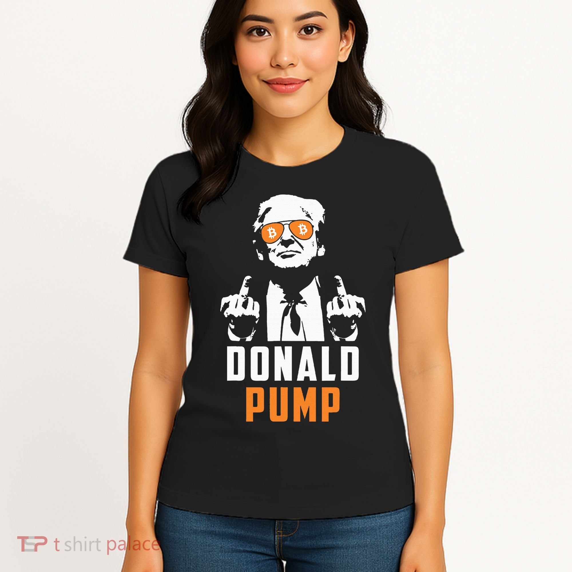 Donald Pump Bitcoin Funny Trump 2024 Crypto American Flag Women's T-Shirt