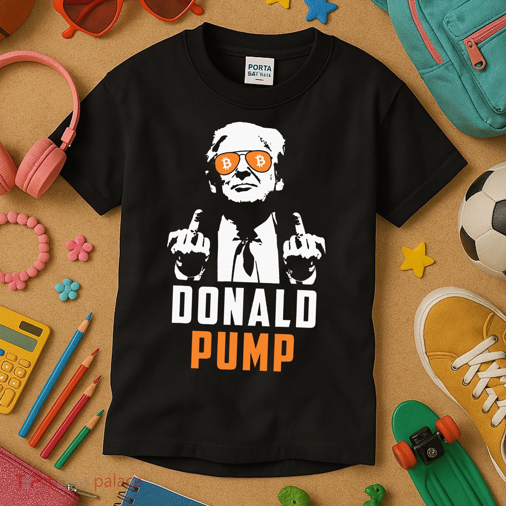Donald Pump Bitcoin Funny Trump 2024 Crypto American Flag Kids T-Shirt