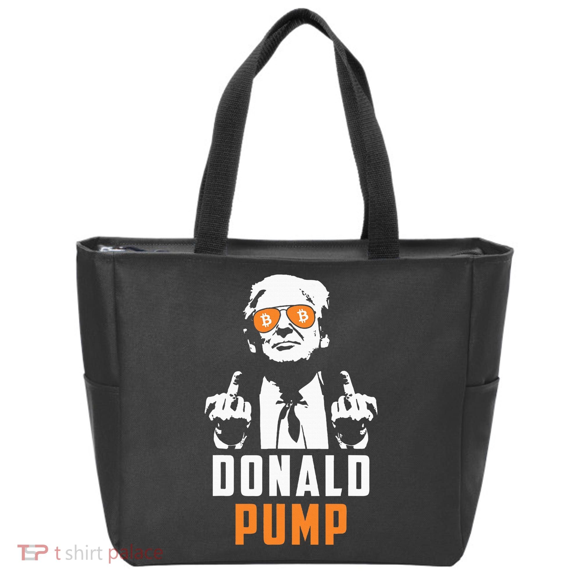 Donald Pump Bitcoin Funny Trump 2024 Crypto American Flag Tote Bag
