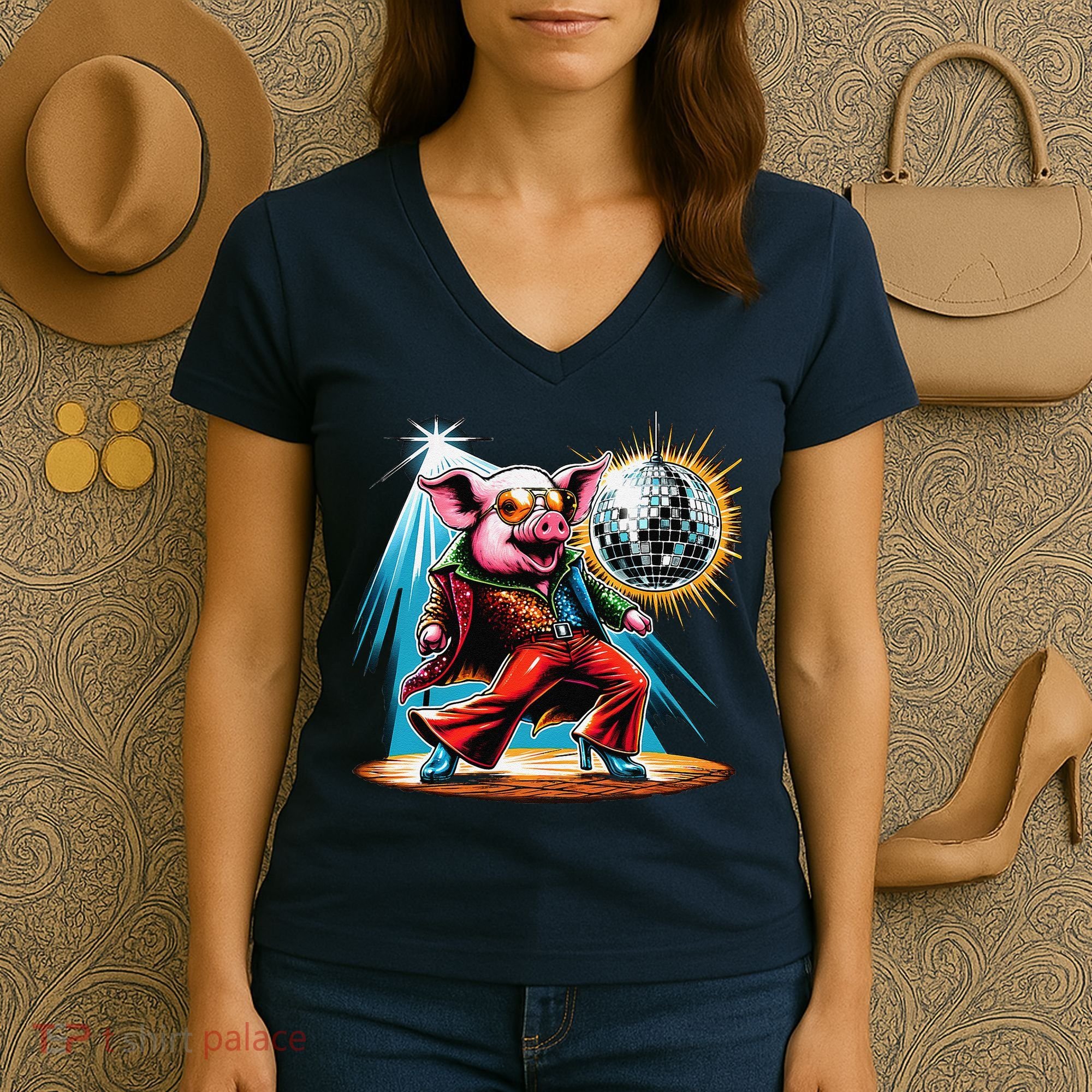 Dancer Pig Dancing Disco Women's V-Neck T-Shirt