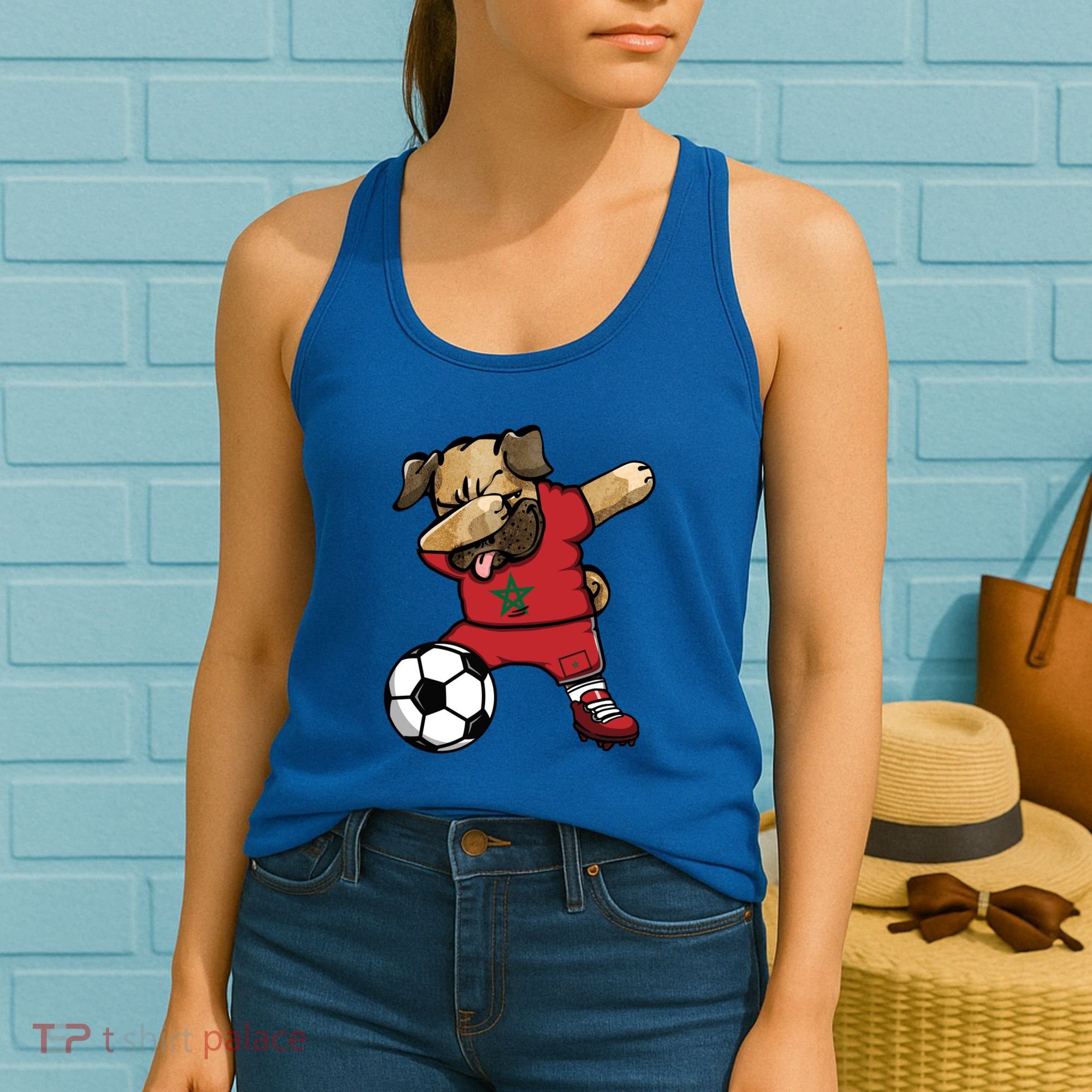 Dabbing Pug Dog Morocco Soccer Fans Jersey Moroccan Football Cool Gift Women's Tank Top