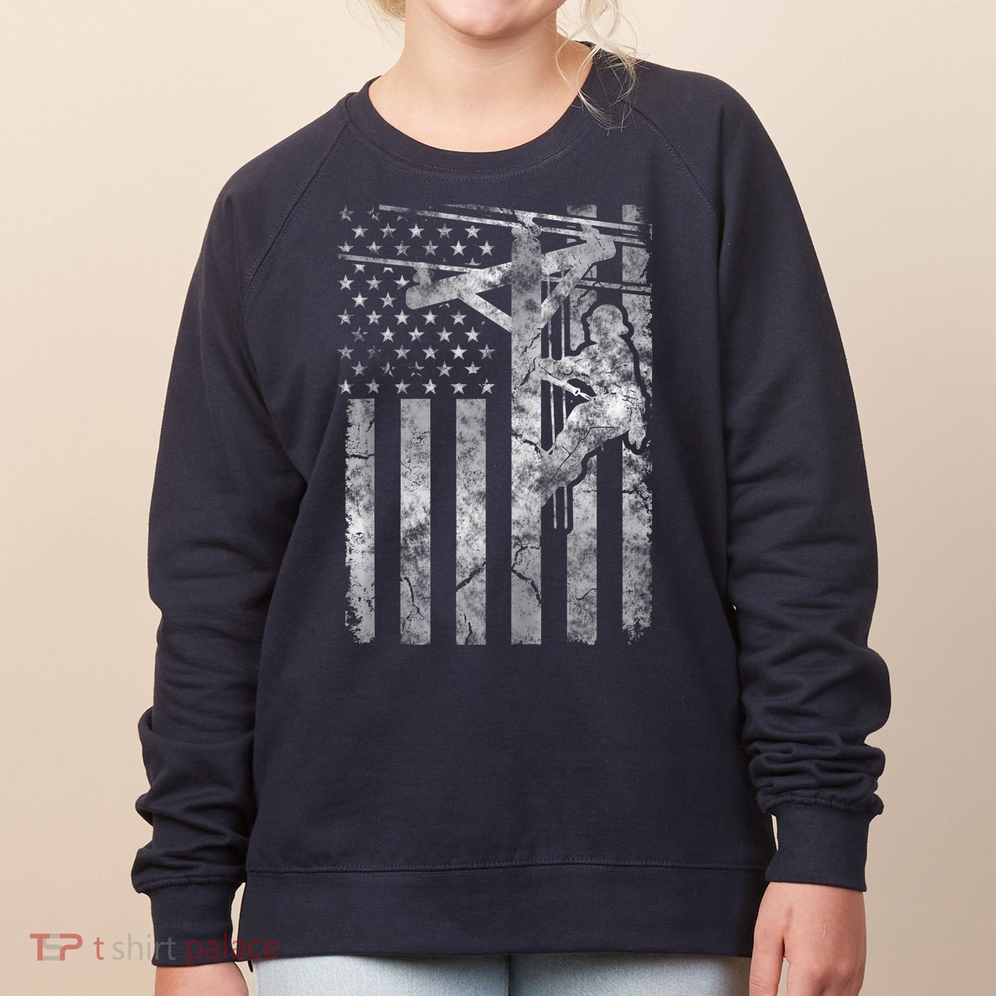Distressed Patriotic Electric Cable Lineman American Flag Zip Hoodie Women's Sweatshirt