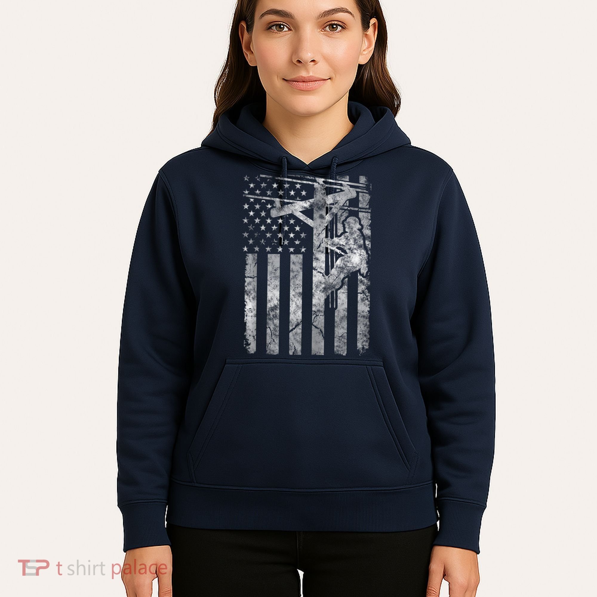 Distressed Patriotic Electric Cable Lineman American Flag Zip Hoodie Hoodie
