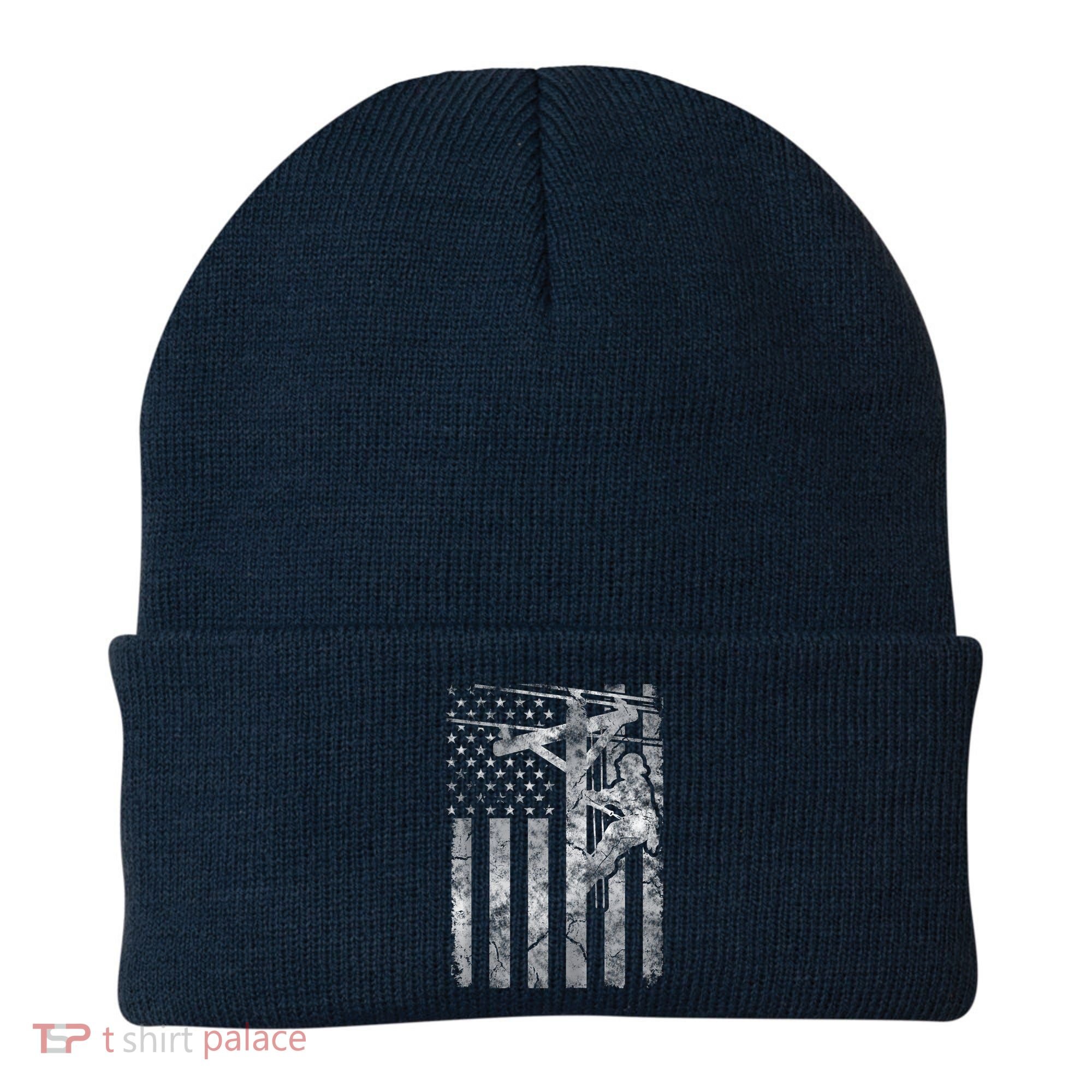 Distressed Patriotic Electric Cable Lineman American Flag Zip Hoodie Beanie