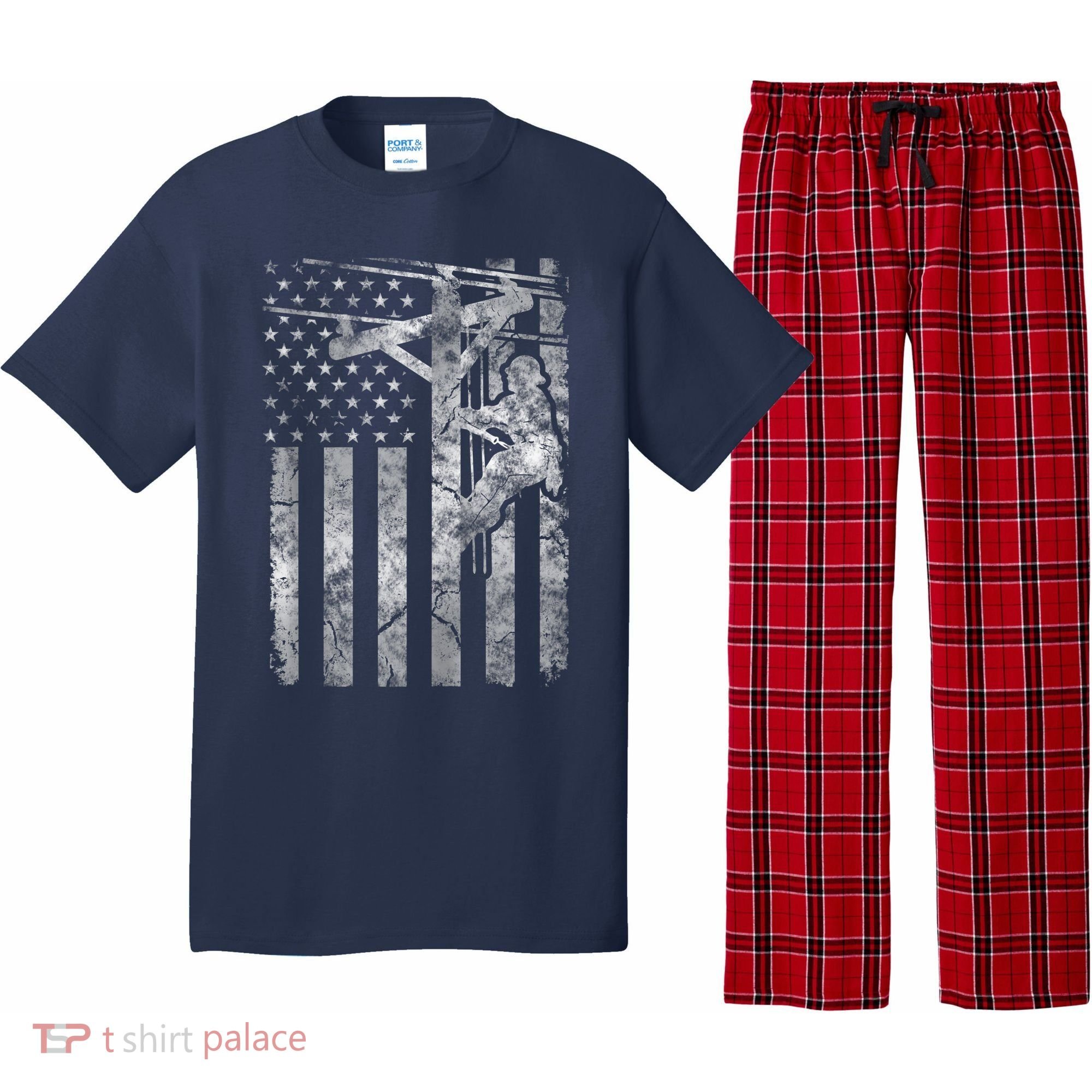 Distressed Patriotic Electric Cable Lineman American Flag Zip Hoodie Pajama Set