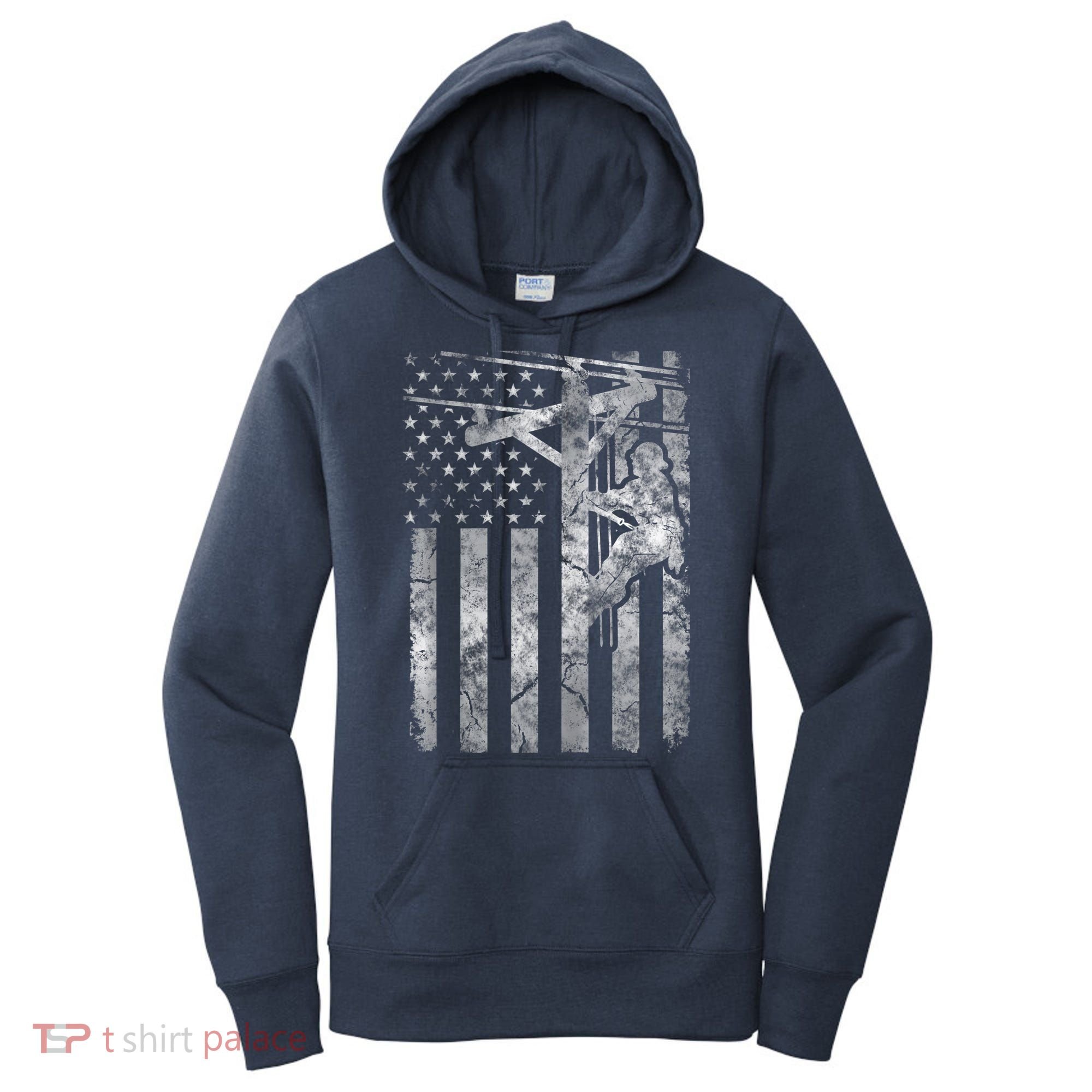 Distressed Patriotic Electric Cable Lineman American Flag Zip Hoodie Women's Hoodie