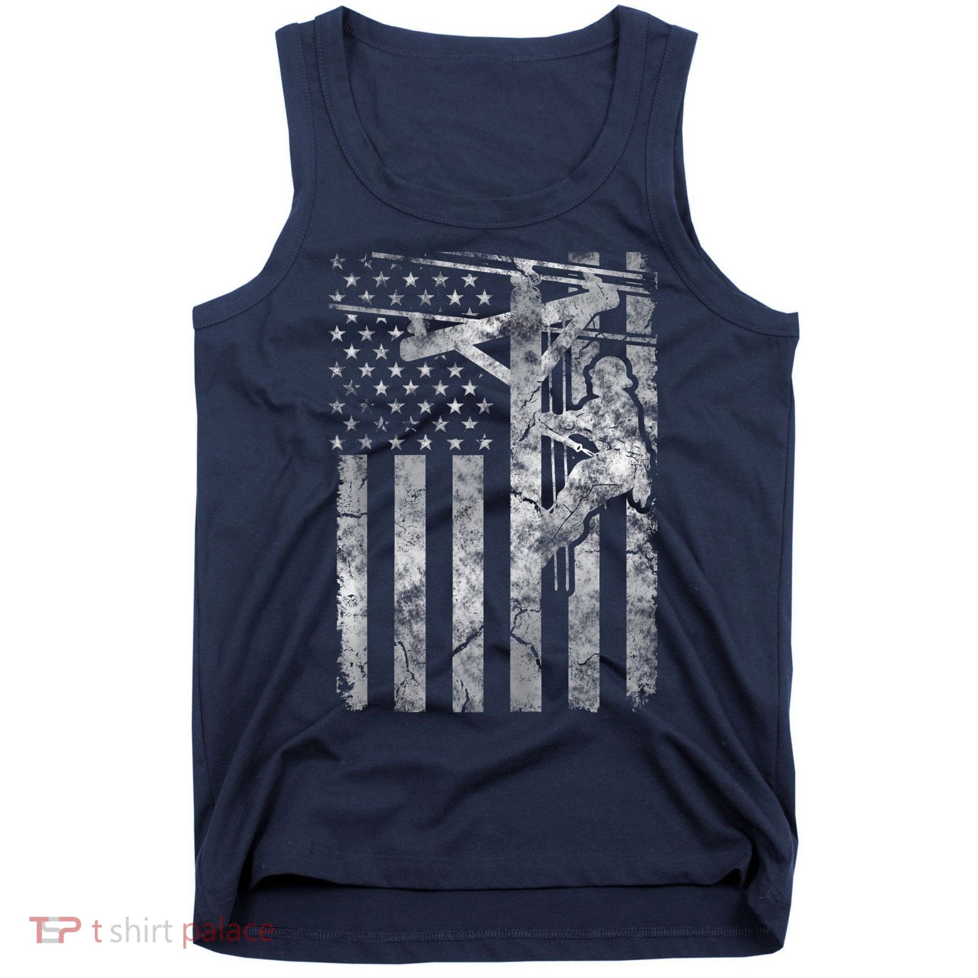 Distressed Patriotic Electric Cable Lineman American Flag Zip Hoodie Tank Top