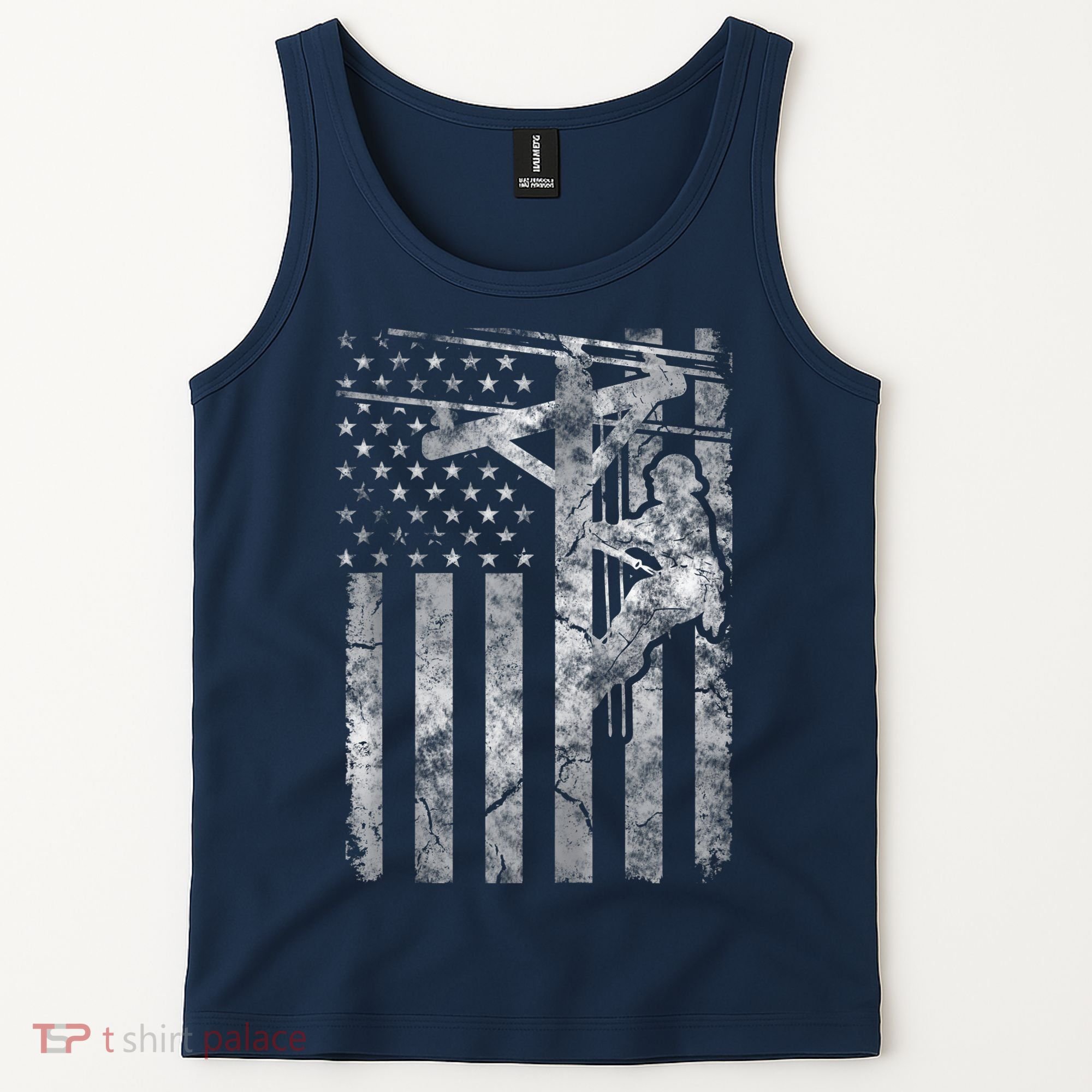 Distressed Patriotic Electric Cable Lineman American Flag Zip Hoodie Tank Top