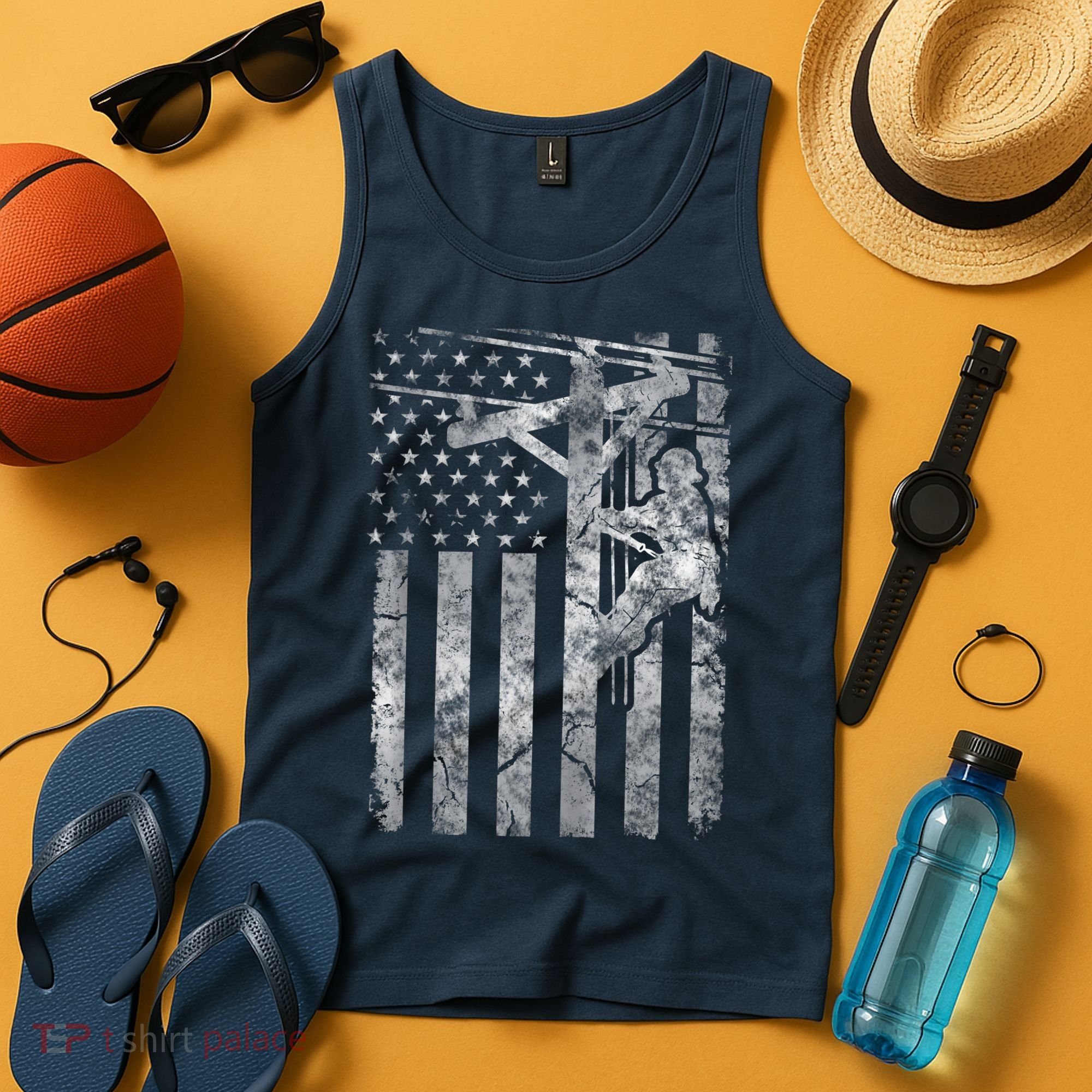 Distressed Patriotic Electric Cable Lineman American Flag Zip Hoodie Tank Top