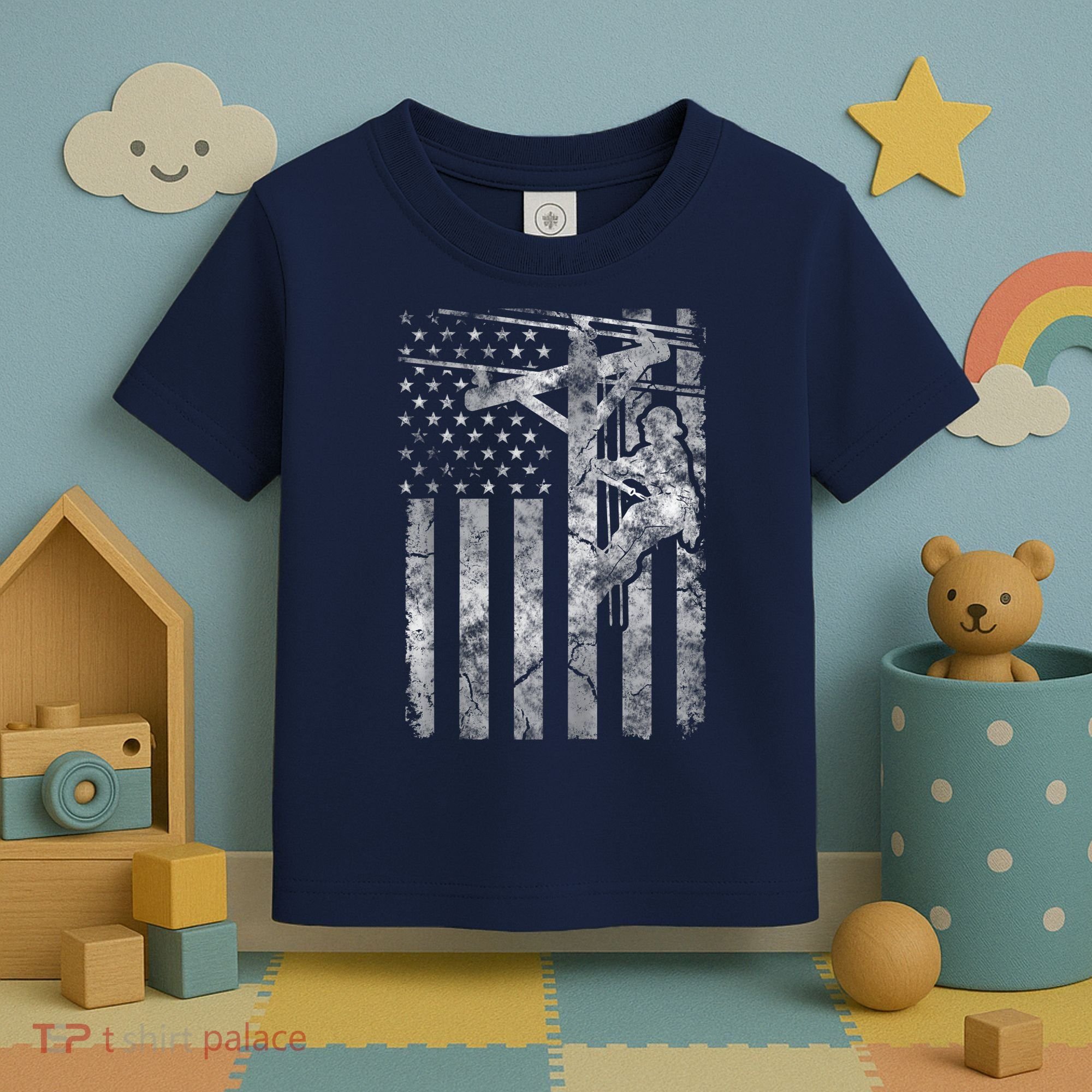 Distressed Patriotic Electric Cable Lineman American Flag Zip Hoodie Toddler T-Shirt