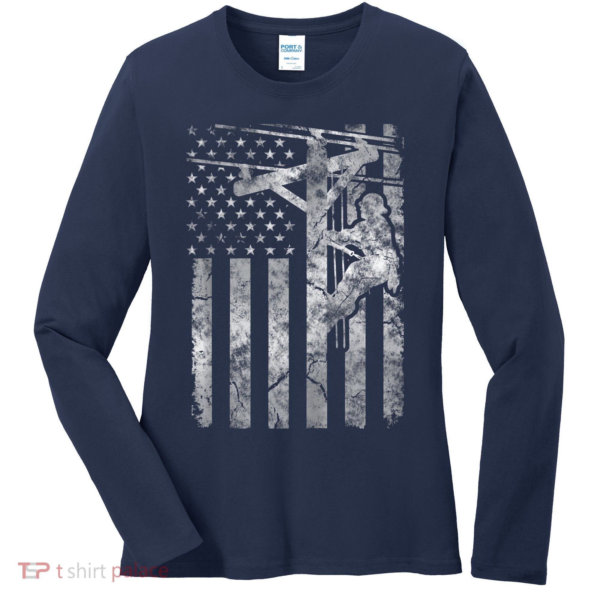 Distressed Patriotic Electric Cable Lineman American Flag Zip Hoodie Women's Long Sleeve Shirt