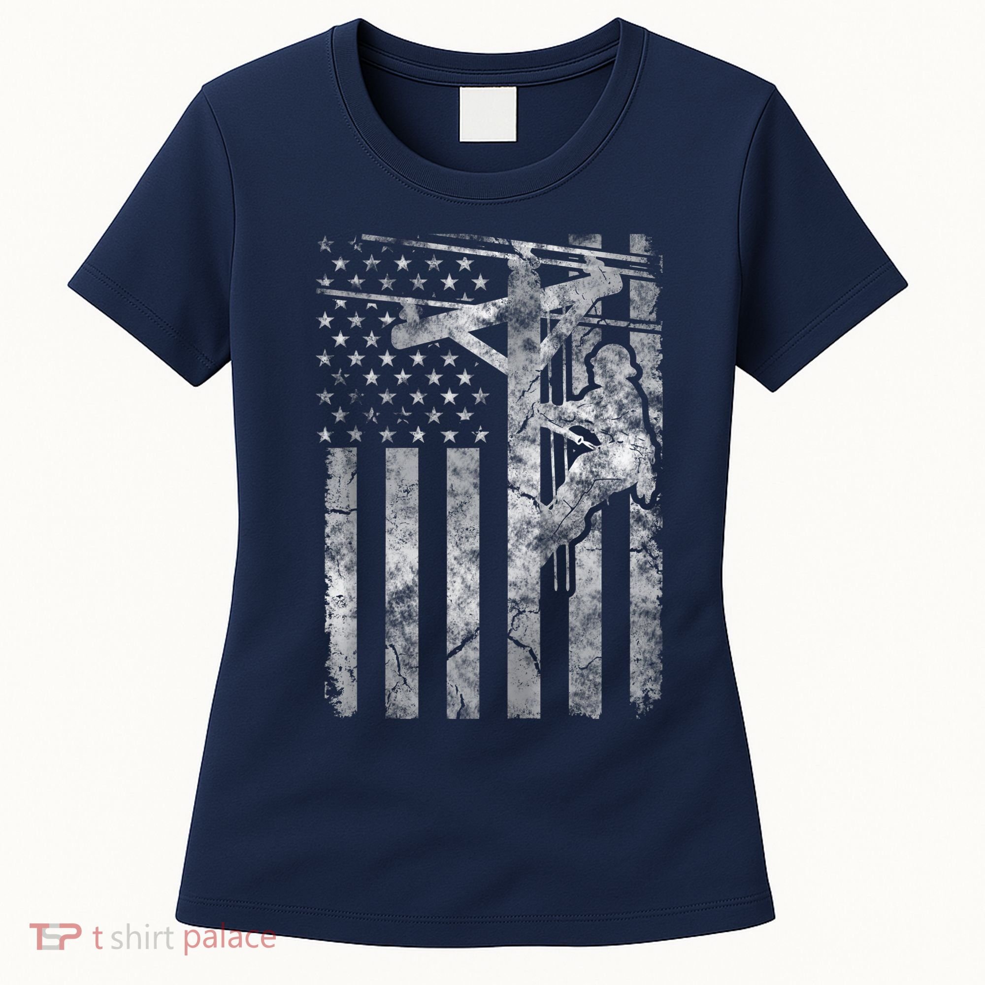 Distressed Patriotic Electric Cable Lineman American Flag Zip Hoodie Women's T-Shirt