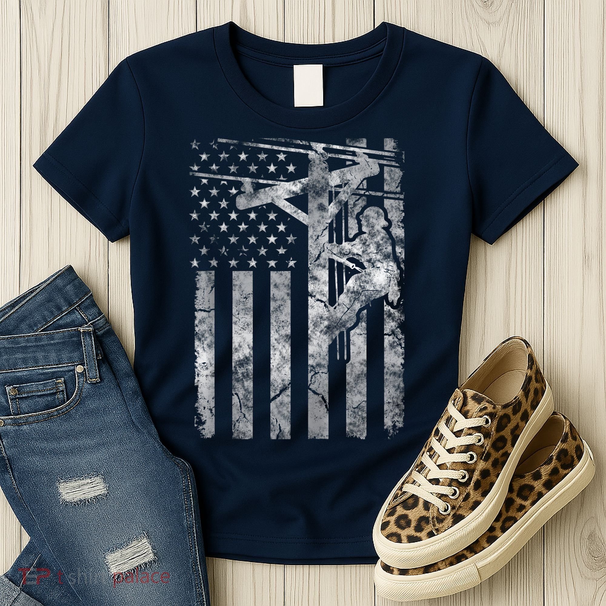 Distressed Patriotic Electric Cable Lineman American Flag Zip Hoodie Women's T-Shirt
