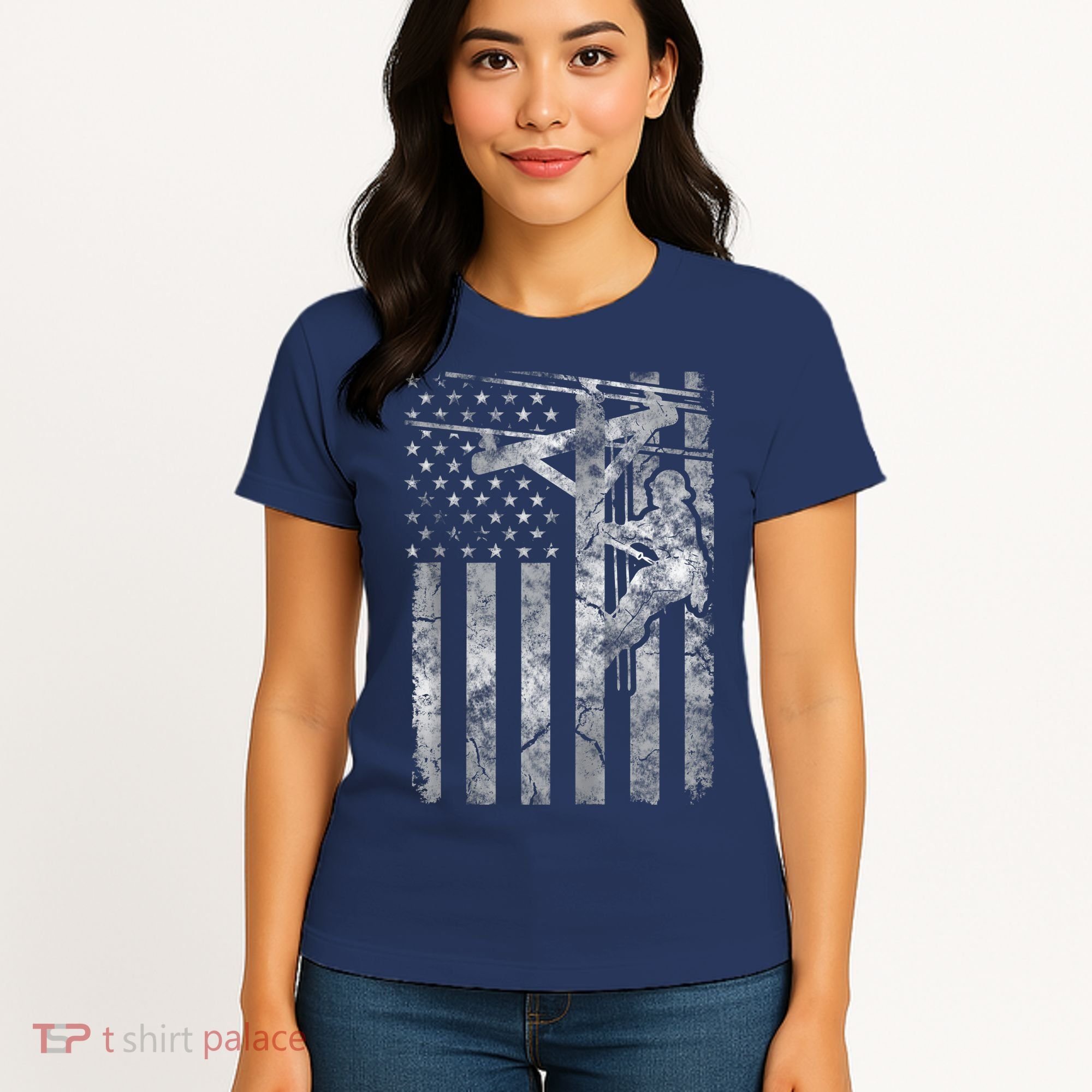 Distressed Patriotic Electric Cable Lineman American Flag Zip Hoodie Women's T-Shirt