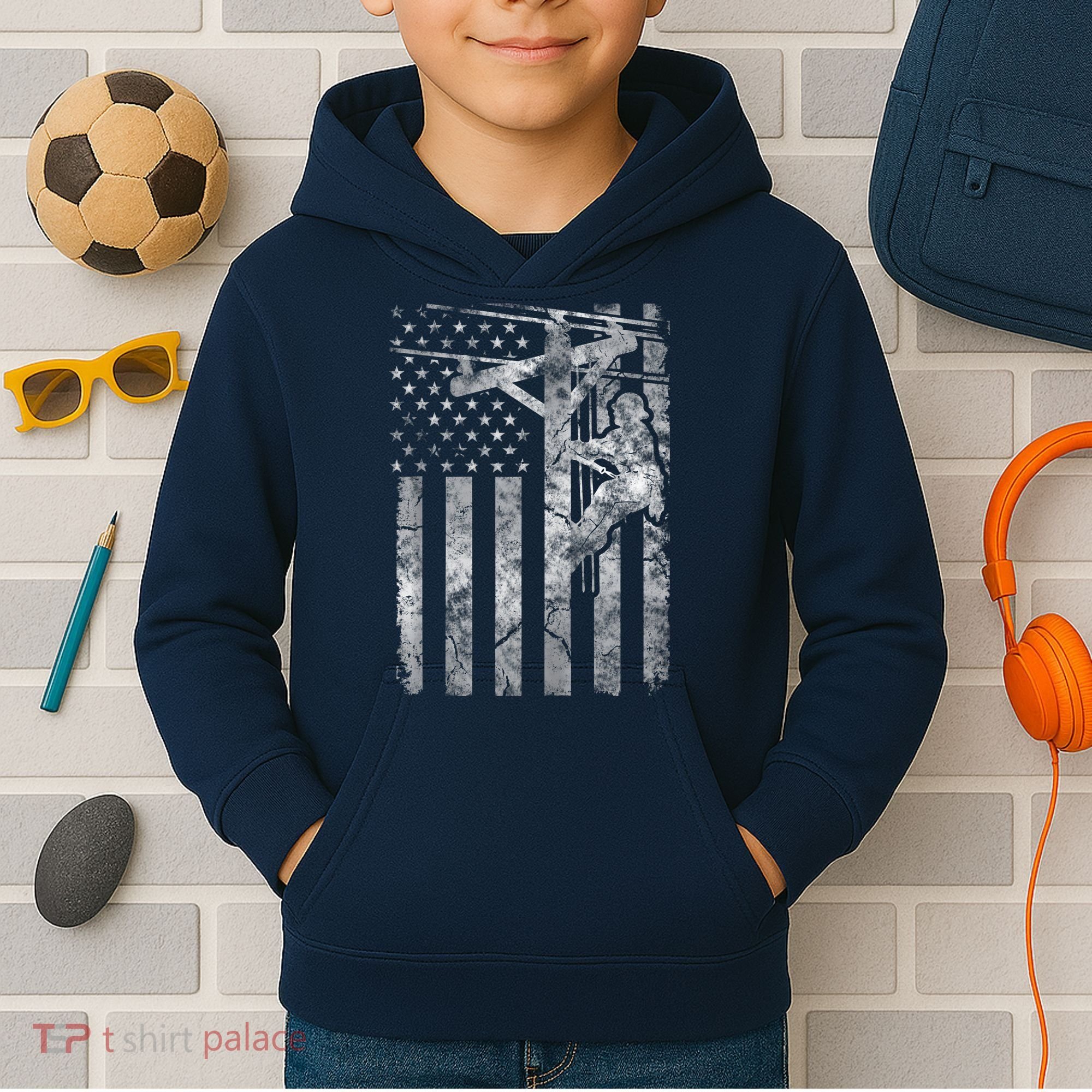 Distressed Patriotic Electric Cable Lineman American Flag Zip Hoodie Kids Hoodie