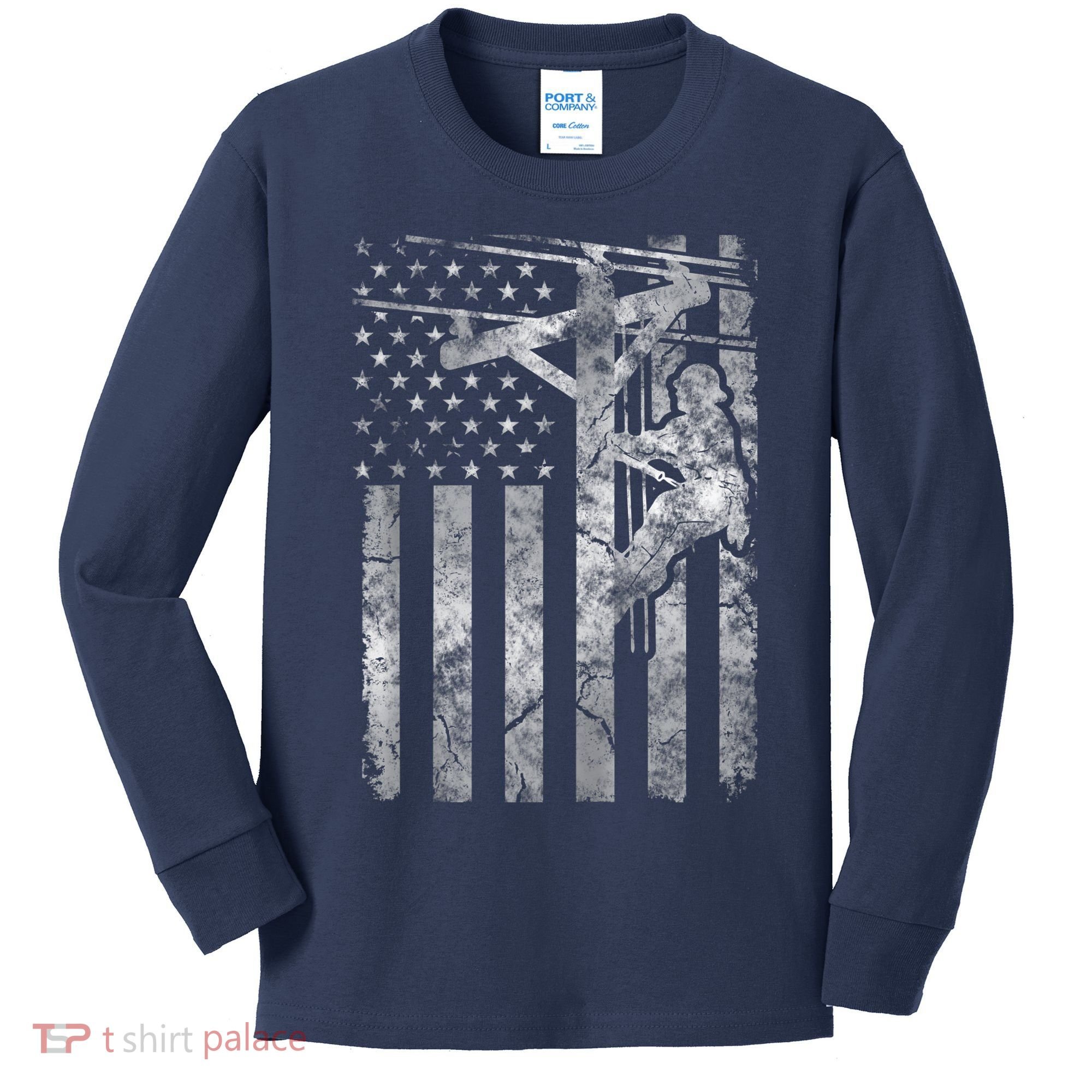 Distressed Patriotic Electric Cable Lineman American Flag Zip Hoodie Kids Long Sleeve Shirt