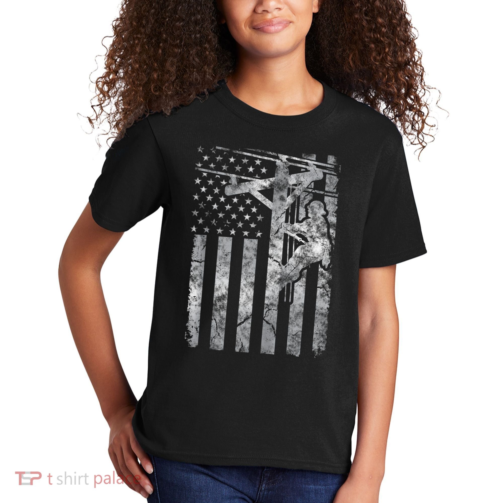 Distressed Patriotic Electric Cable Lineman American Flag Zip Hoodie Kids T-Shirt