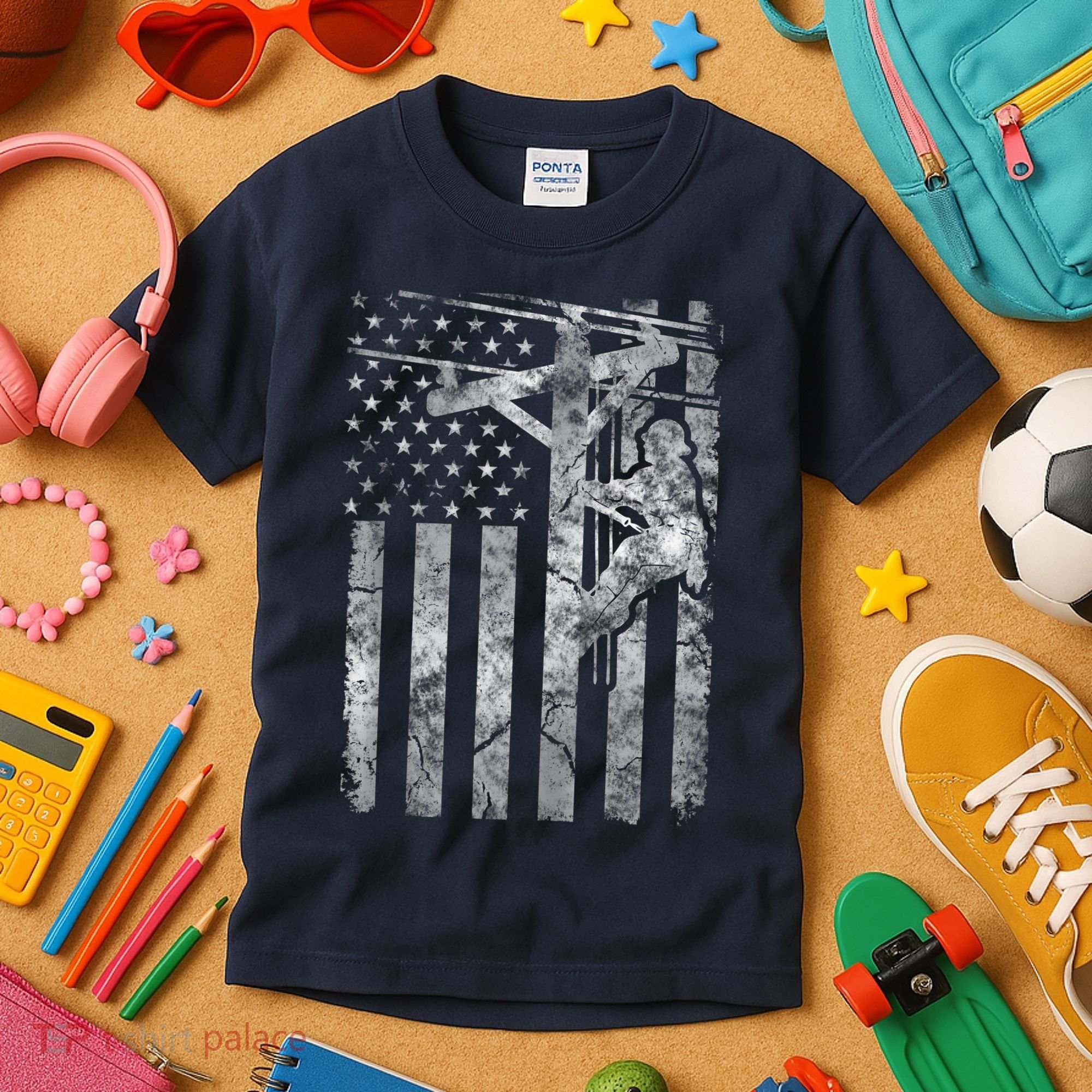 Distressed Patriotic Electric Cable Lineman American Flag Zip Hoodie Kids T-Shirt