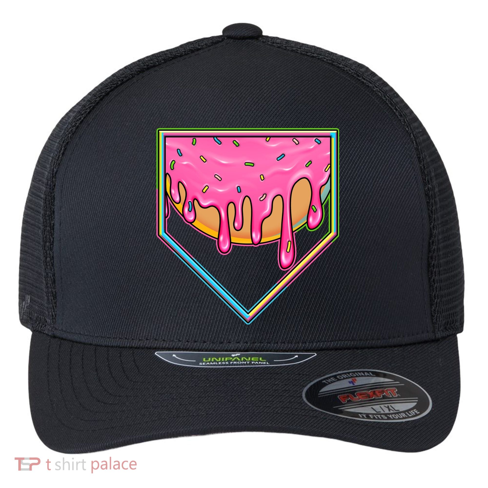 Dripping Pink Frosting Donut Baseball Diamond Home Plate Flexfit Unipanel Trucker Cap