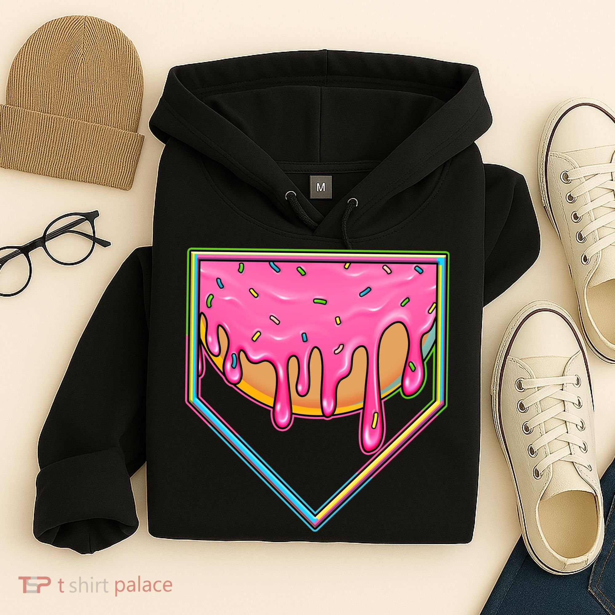 Dripping Pink Frosting Donut Baseball Diamond Home Plate Hoodie