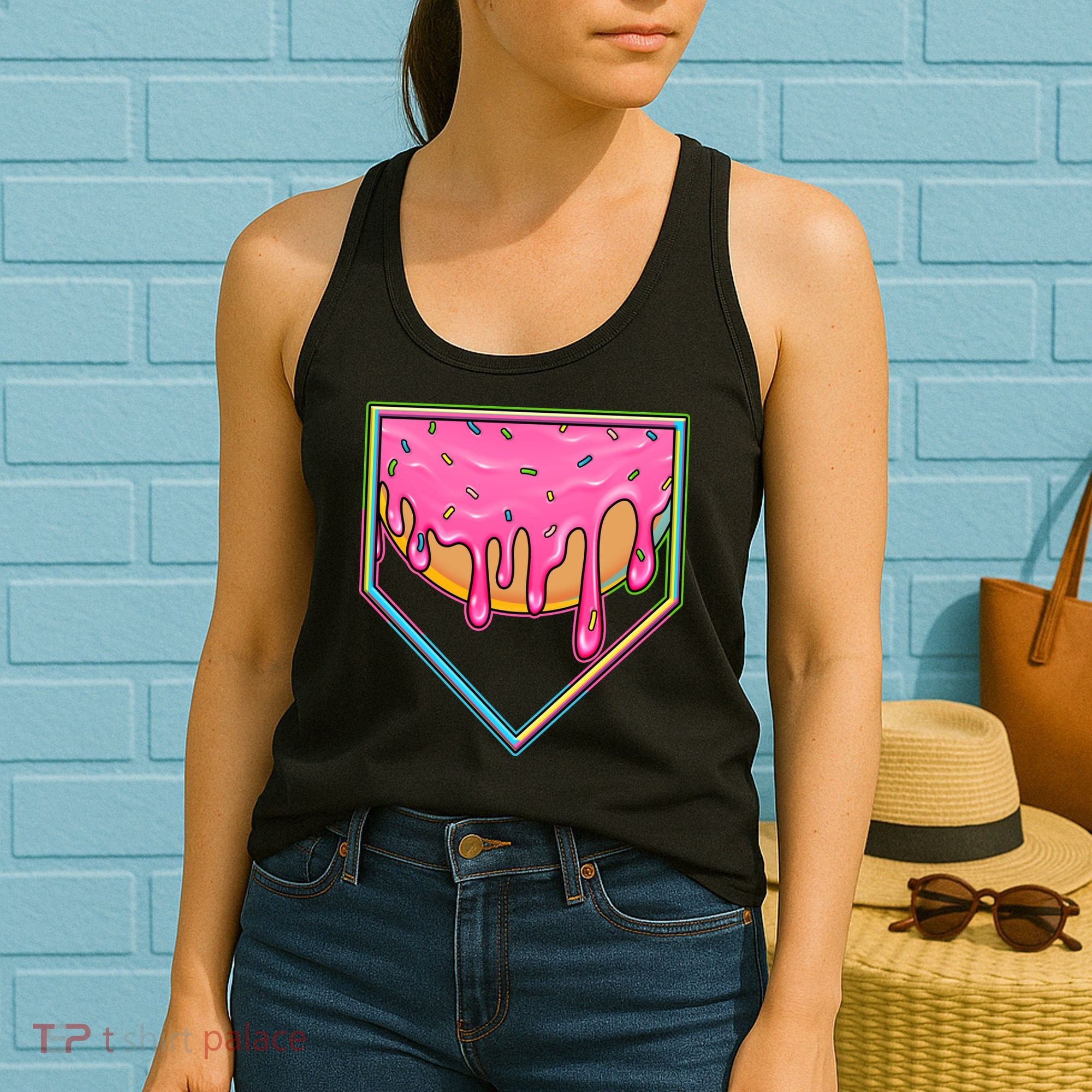 Dripping Pink Frosting Donut Baseball Diamond Home Plate Women's Tank Top