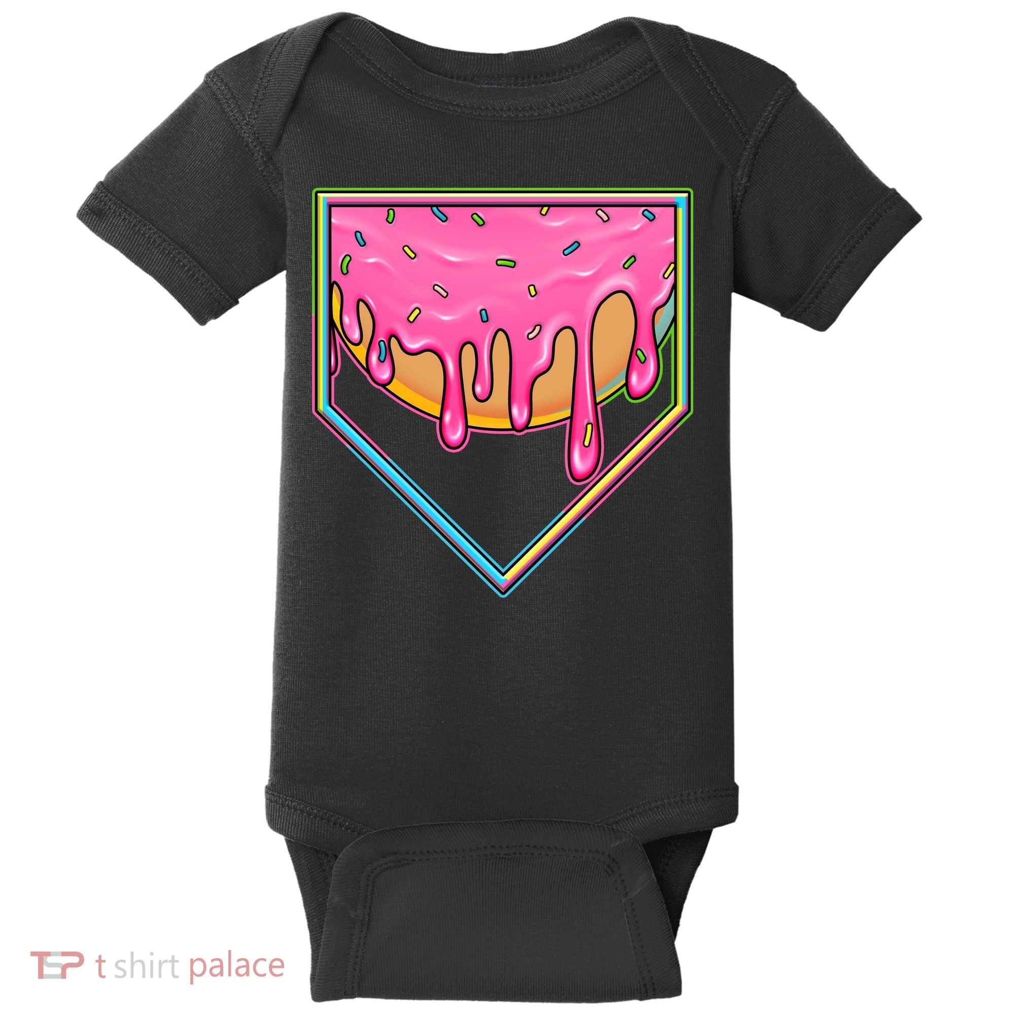 Dripping Pink Frosting Donut Baseball Diamond Home Plate Baby Bodysuit