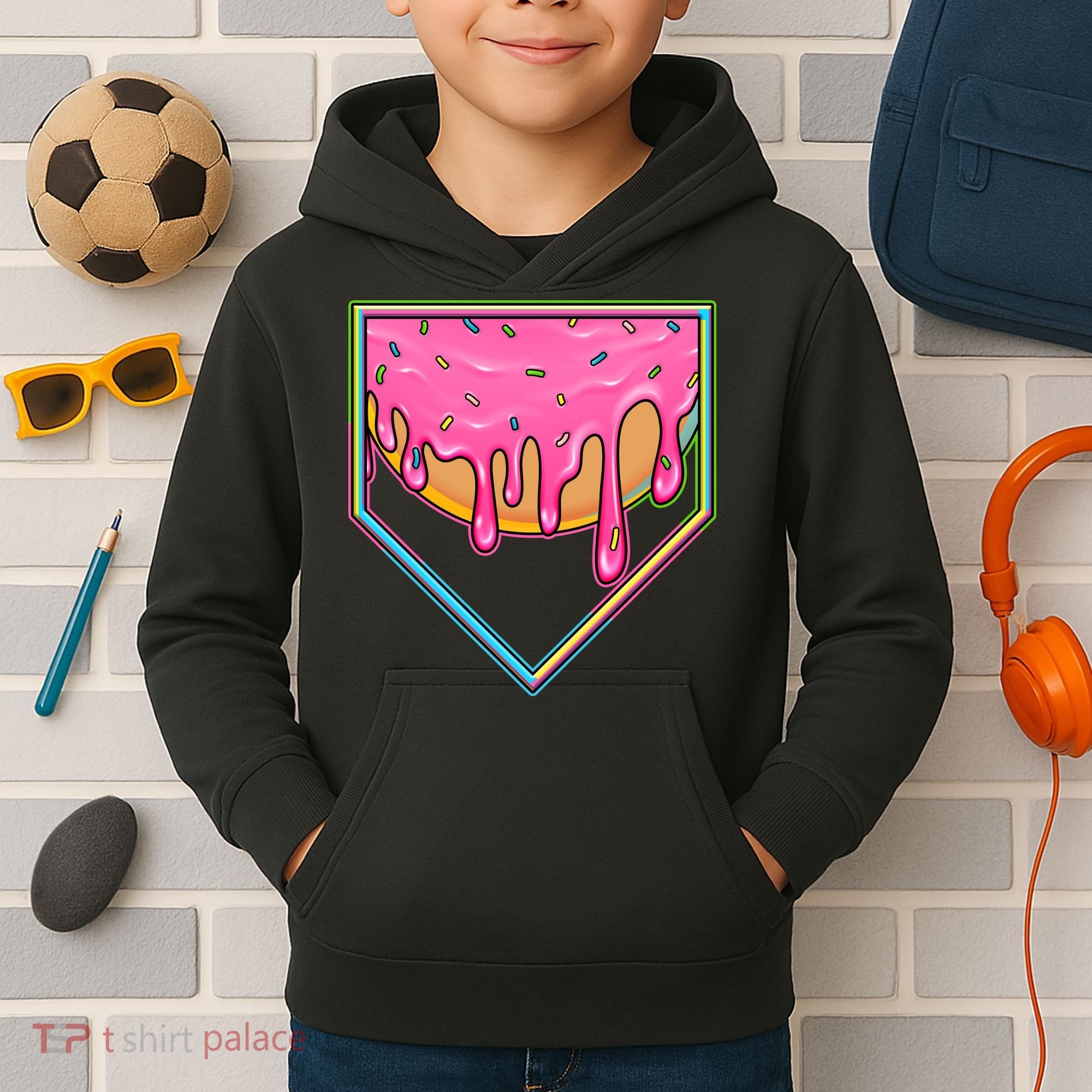 Dripping Pink Frosting Donut Baseball Diamond Home Plate Kids Hoodie