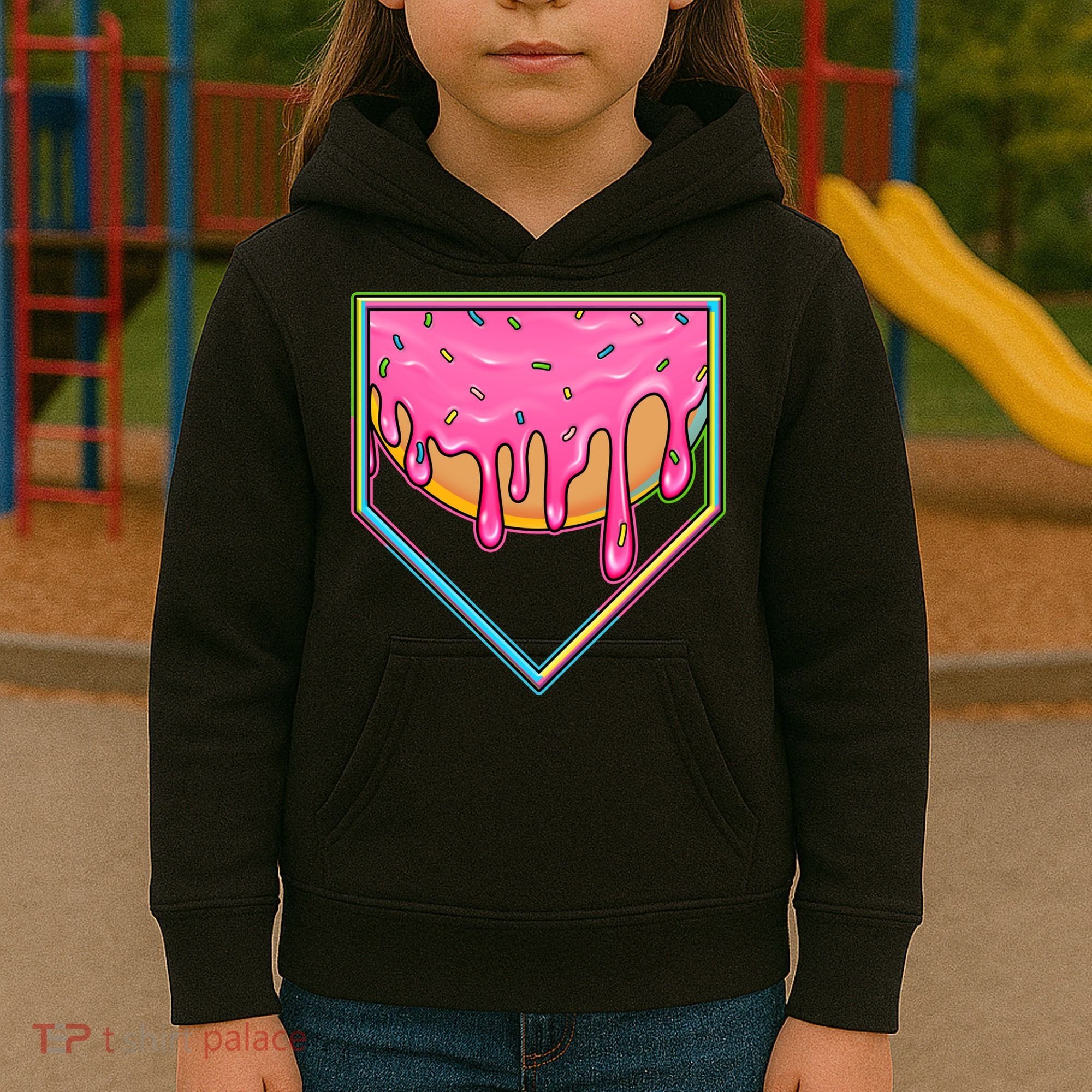 Dripping Pink Frosting Donut Baseball Diamond Home Plate Kids Hoodie