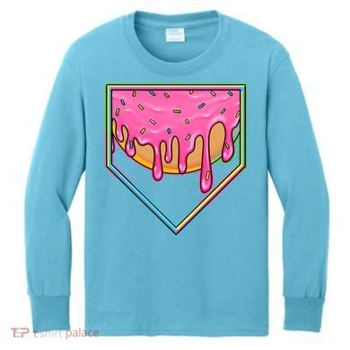 Dripping Pink Frosting Donut Baseball Diamond Home Plate Kids Long Sleeve Shirt