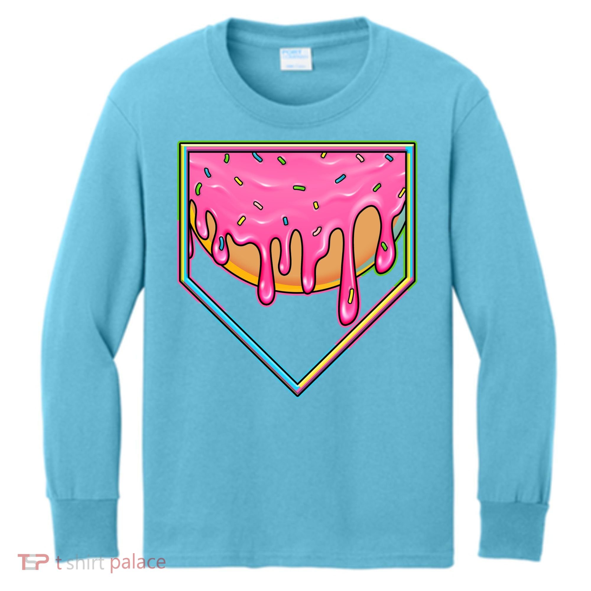 Dripping Pink Frosting Donut Baseball Diamond Home Plate Kids Long Sleeve Shirt