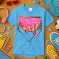 Dripping Pink Frosting Donut Baseball Diamond Home Plate Kids T-Shirt thumb 3