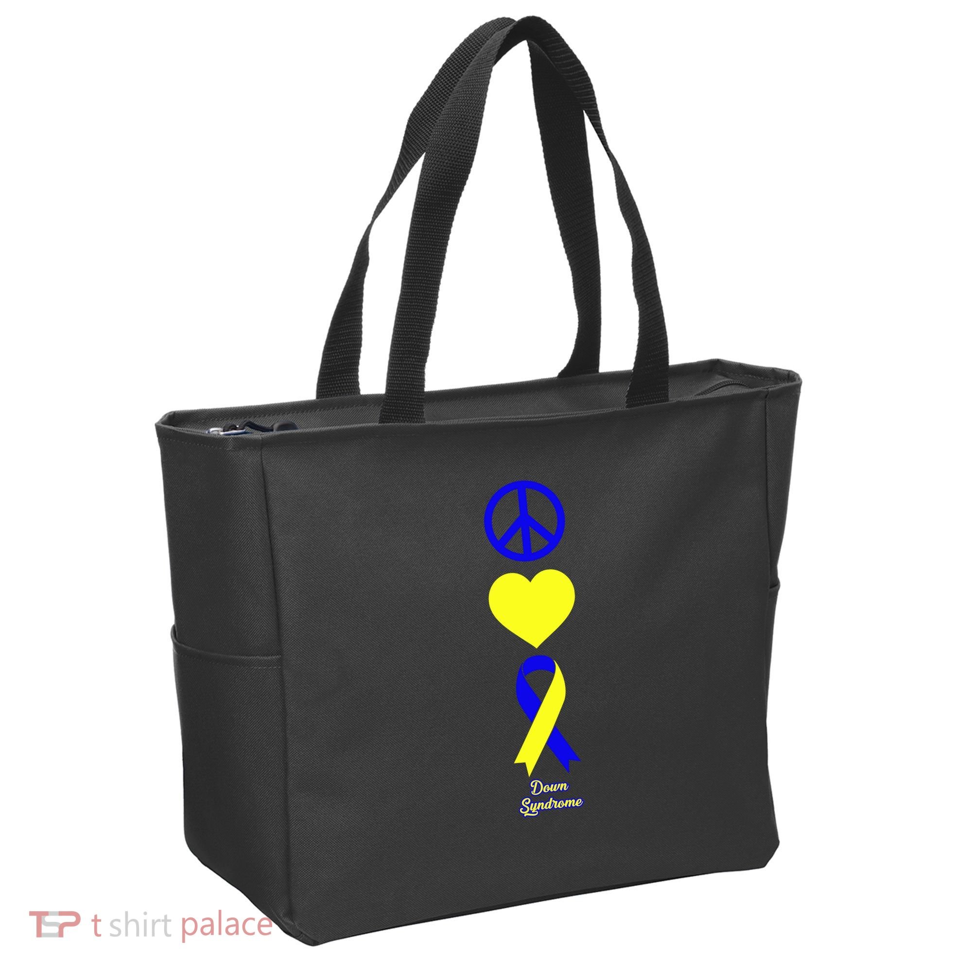 Down Syndrome Peace And Love Ribbon Tote Bag