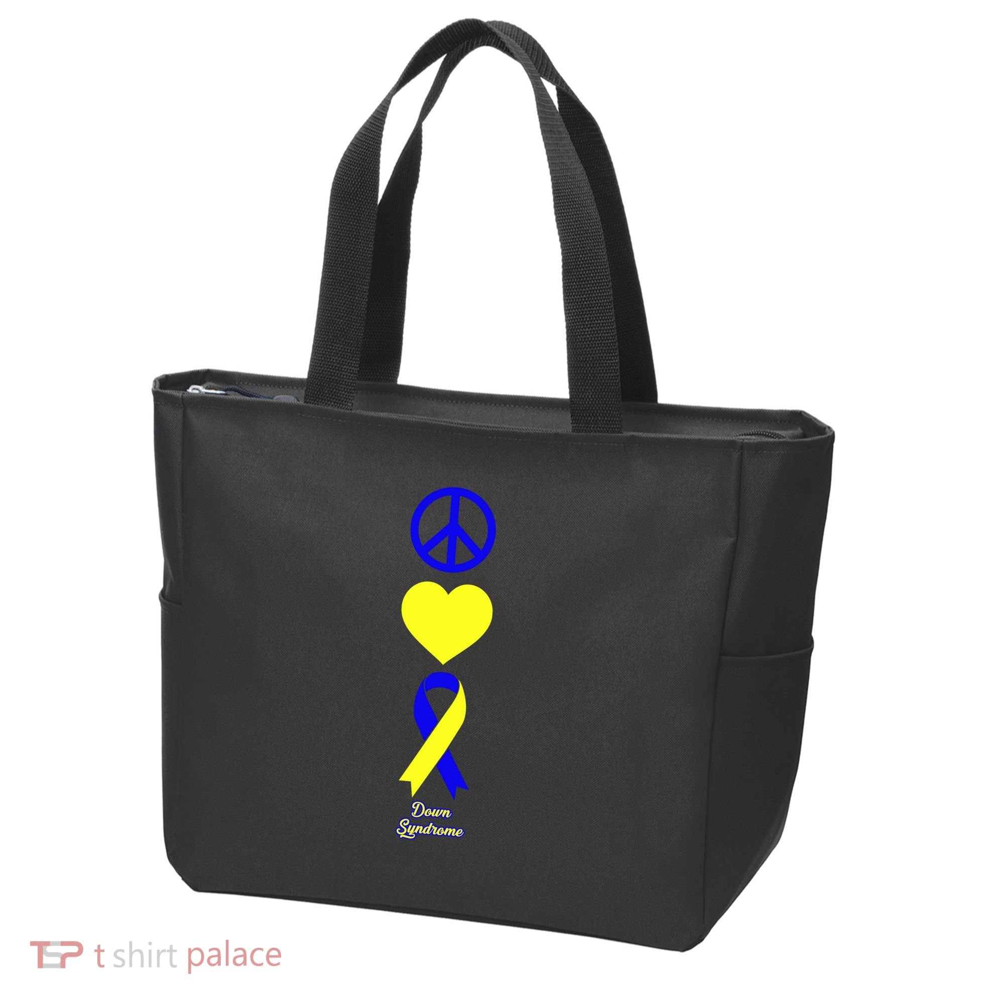 Down Syndrome Peace And Love Ribbon Tote Bag