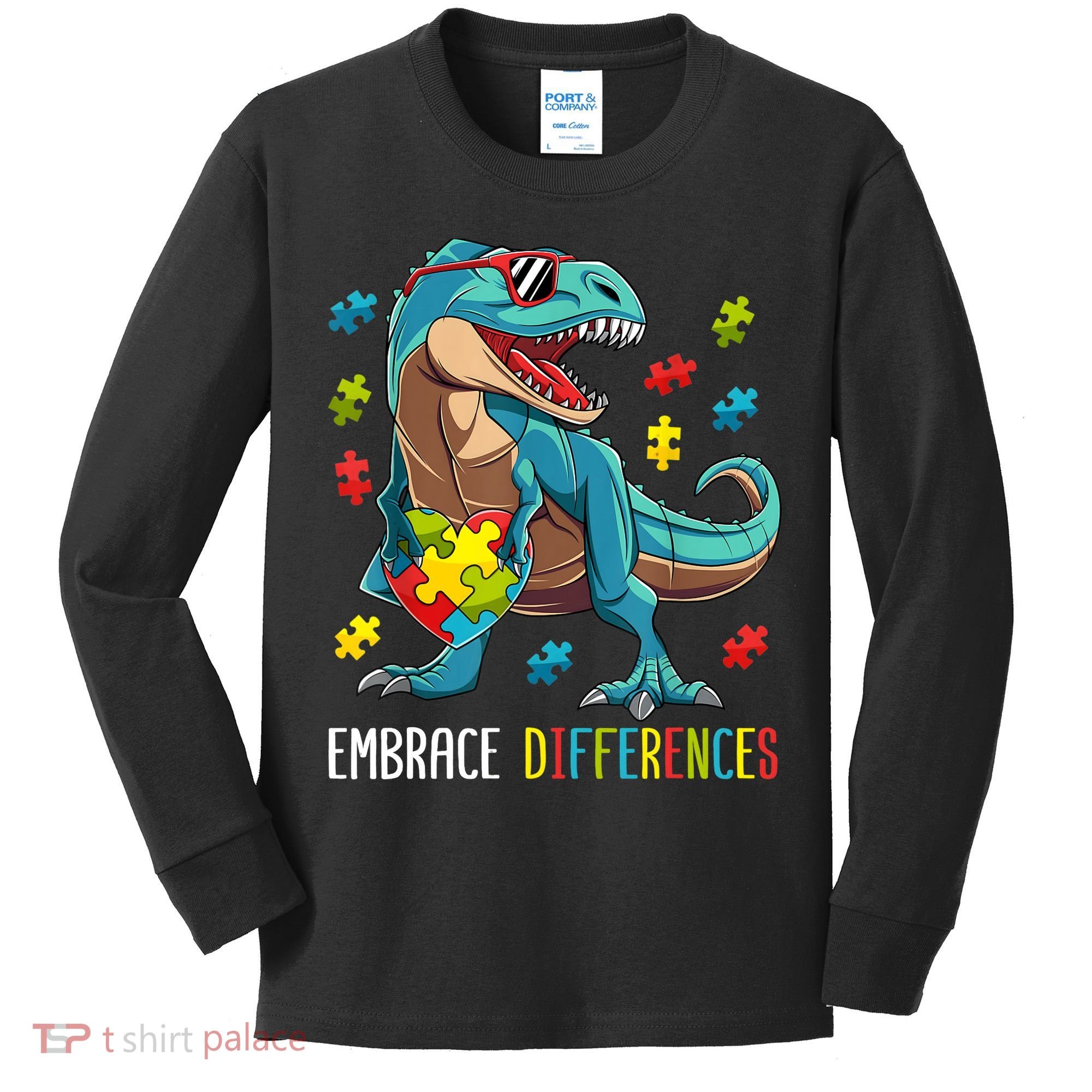 Dinosaur Puzzle Piece Autism Awareness For Boy Kids Long Sleeve Shirt