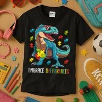 Dinosaur Puzzle Piece Autism Awareness For Boy Kids T-Shirt thumb 3