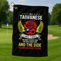 Distressed Patriotic Proud Taiwanese Skull Taiwan Flag Wings Cool Gift Golf Towel thumb 1