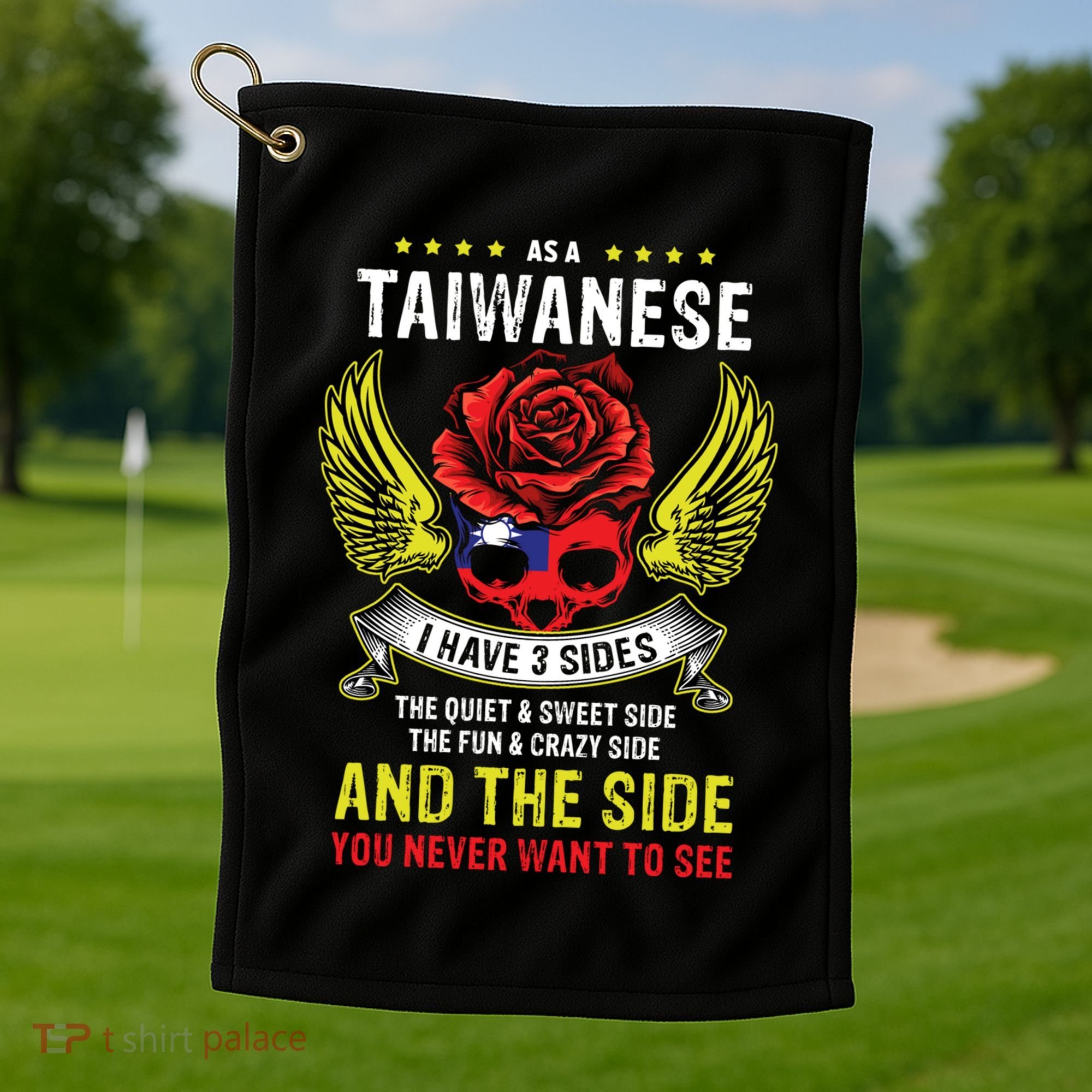 Distressed Patriotic Proud Taiwanese Skull Taiwan Flag Wings Cool Gift Golf Towel