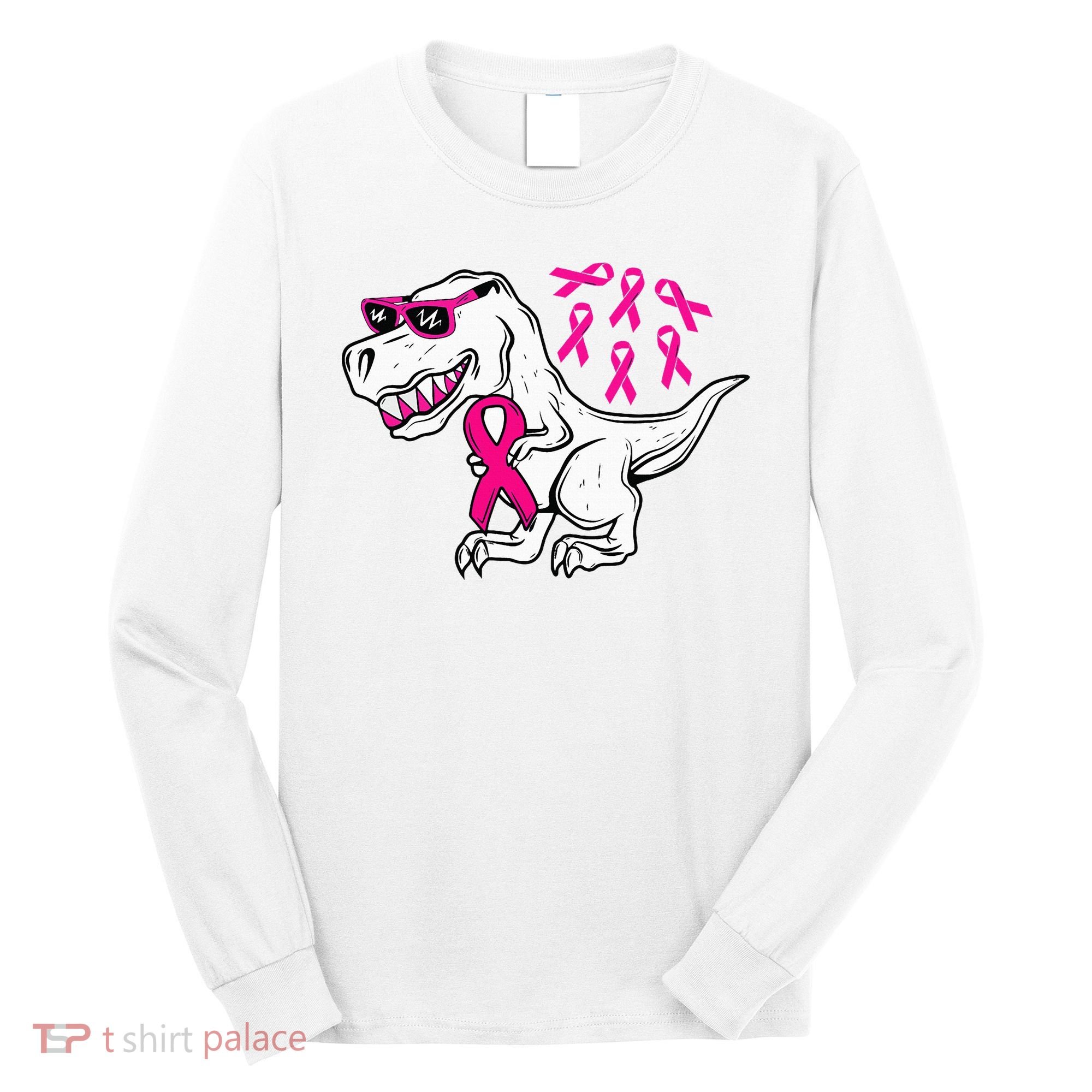 Dinosaur Pink Ribbon Breast Cancer Awareness Month Warrior Long Sleeve Shirt