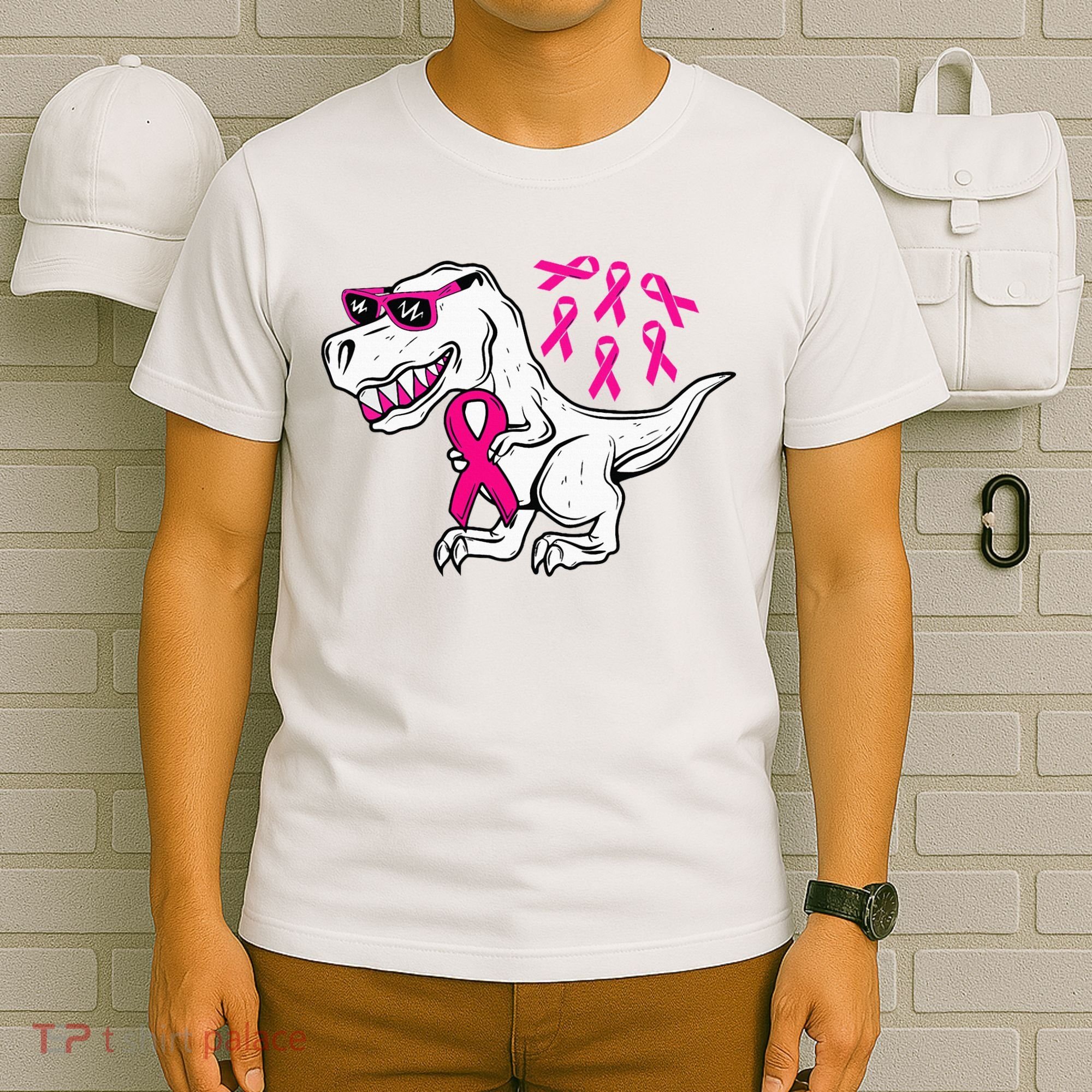Dinosaur Pink Ribbon Breast Cancer Awareness Month Warrior T-Shirt