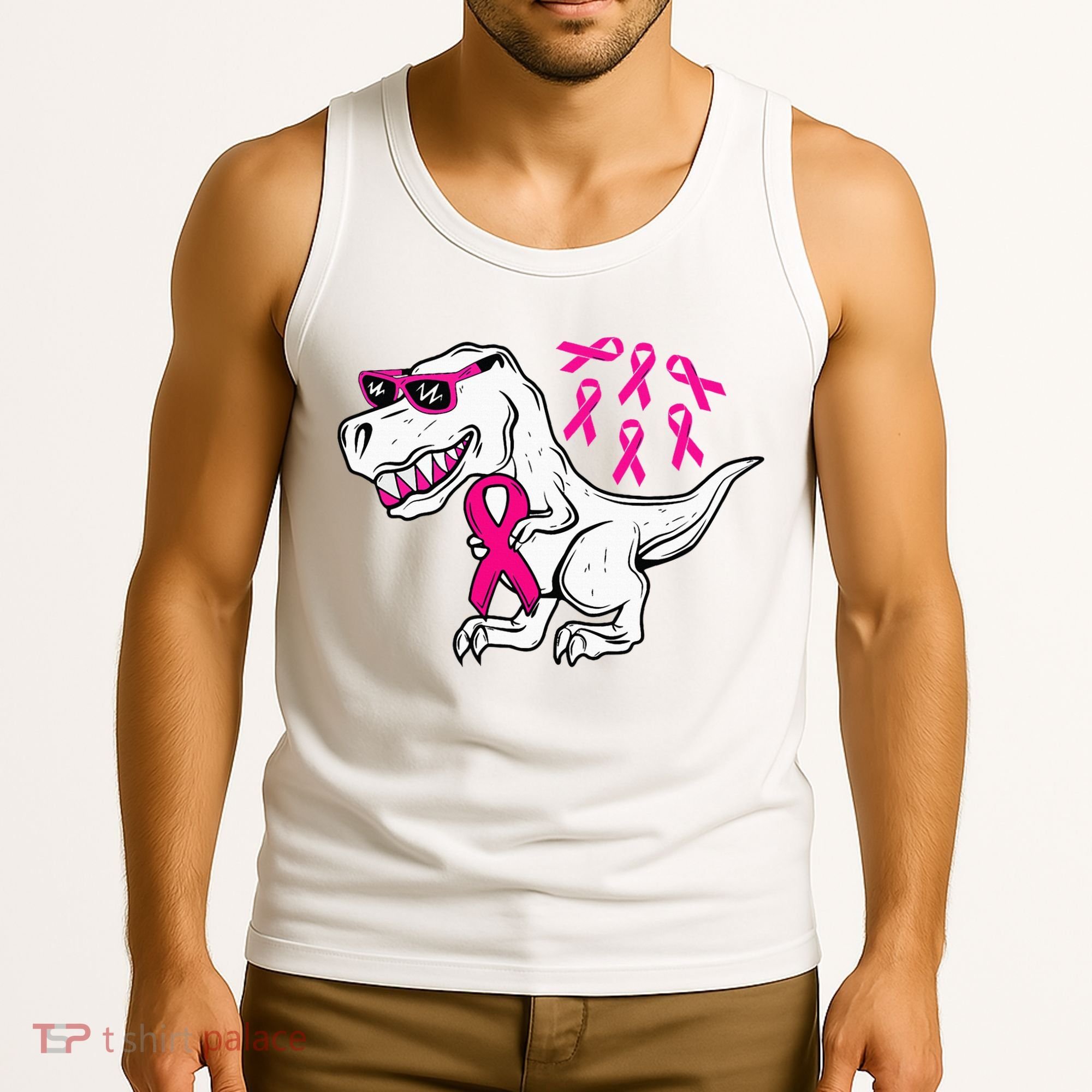 Dinosaur Pink Ribbon Breast Cancer Awareness Month Warrior Tank Top