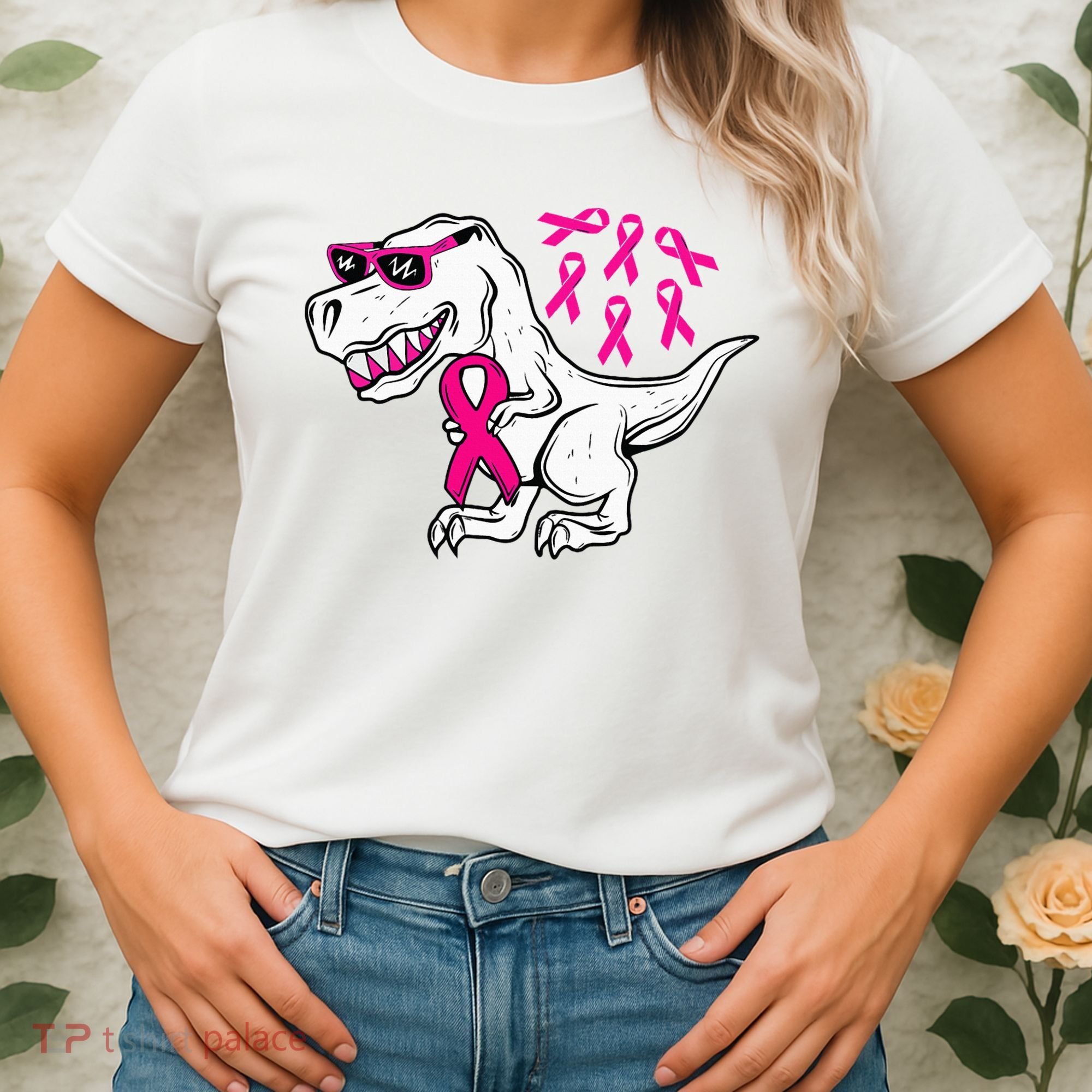 Dinosaur Pink Ribbon Breast Cancer Awareness Month Warrior Women's T-Shirt
