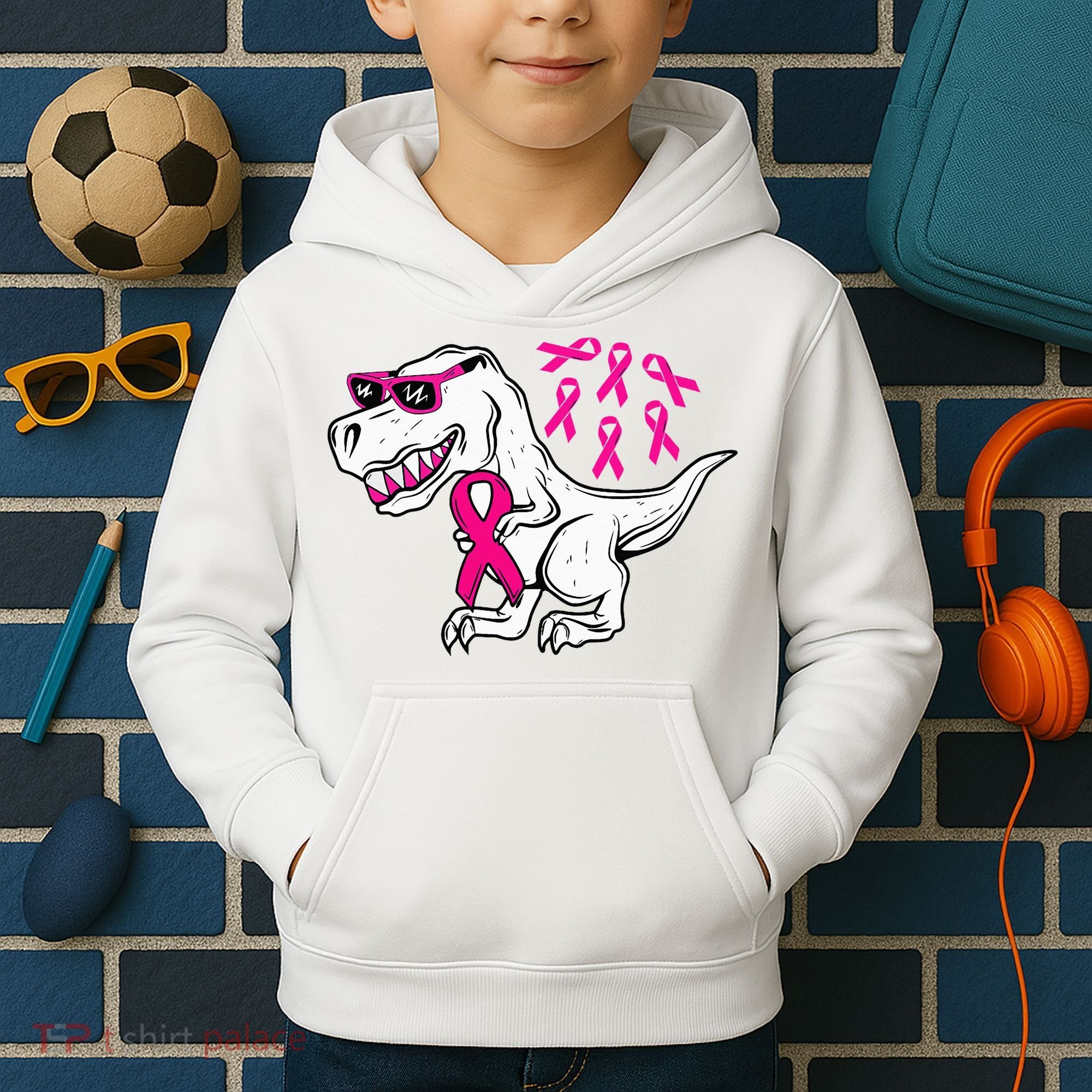 Dinosaur Pink Ribbon Breast Cancer Awareness Month Warrior Kids Hoodie