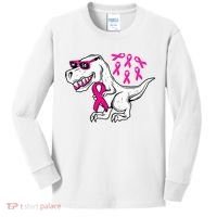 Dinosaur Pink Ribbon Breast Cancer Awareness Month Warrior Kids Long Sleeve Shirt thumb 0
