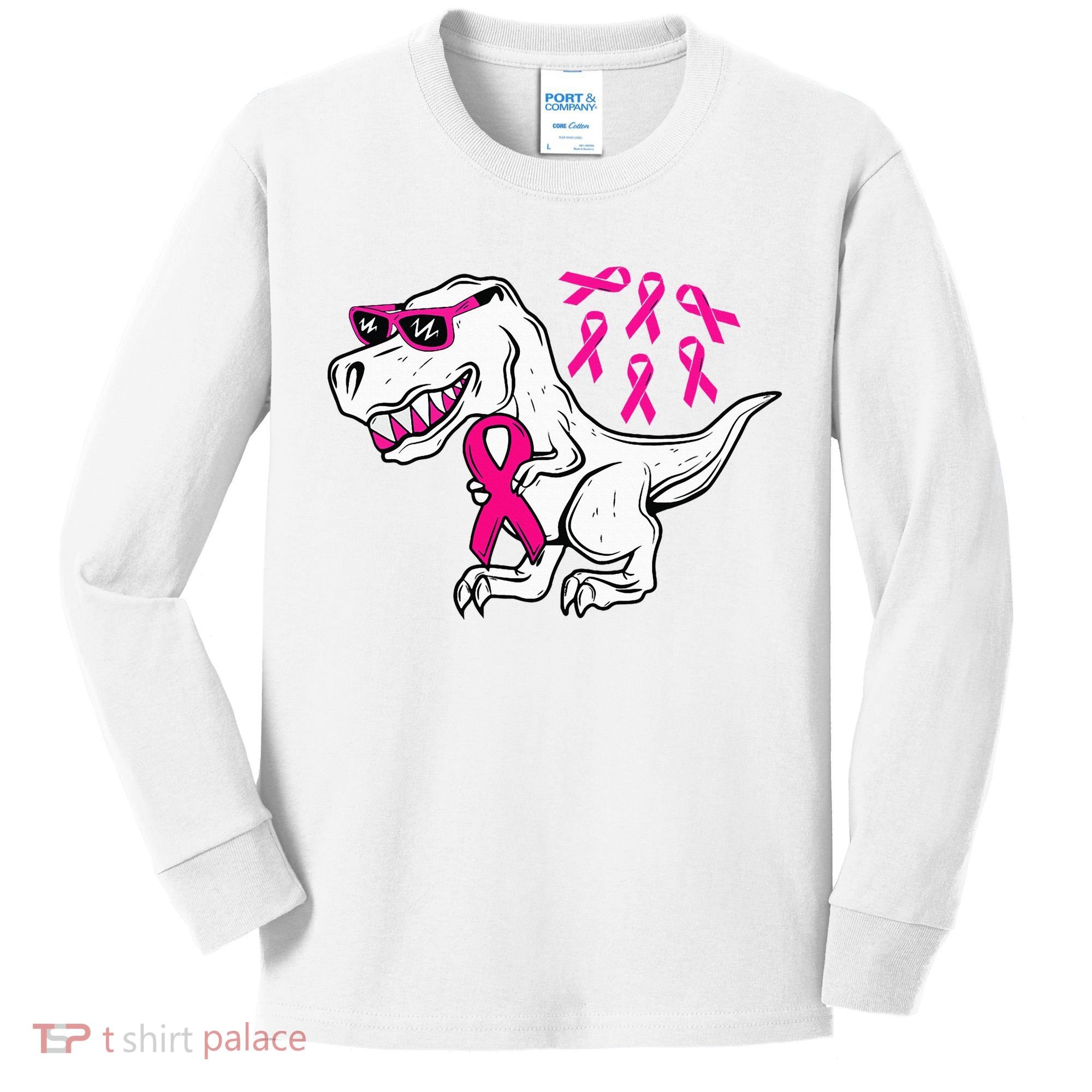 Dinosaur Pink Ribbon Breast Cancer Awareness Month Warrior Kids Long Sleeve Shirt