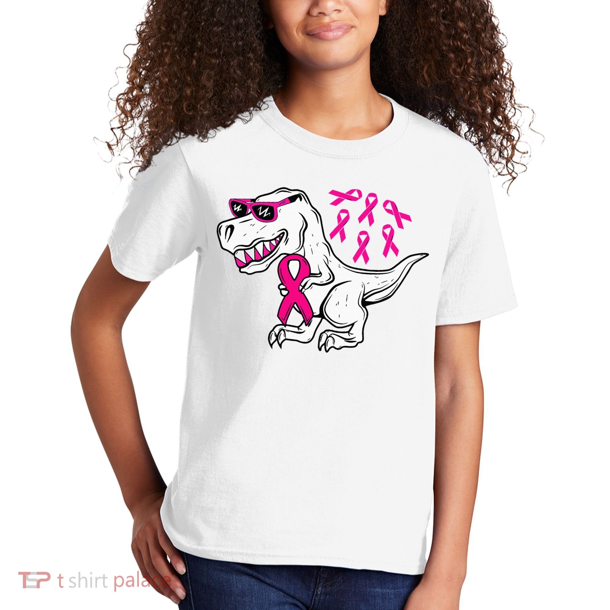 Dinosaur Pink Ribbon Breast Cancer Awareness Month Warrior Kids T-Shirt