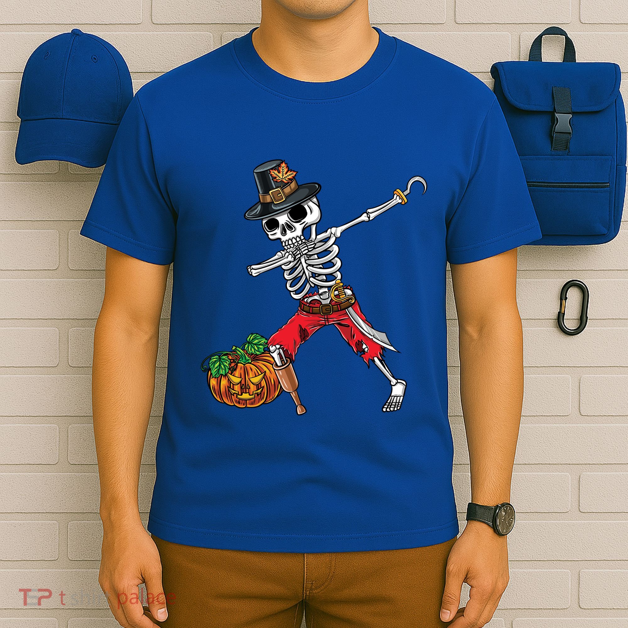 Dabbing Pilgrim Skeleton Pirate Thanksgiving Funny Gift T-Shirt
