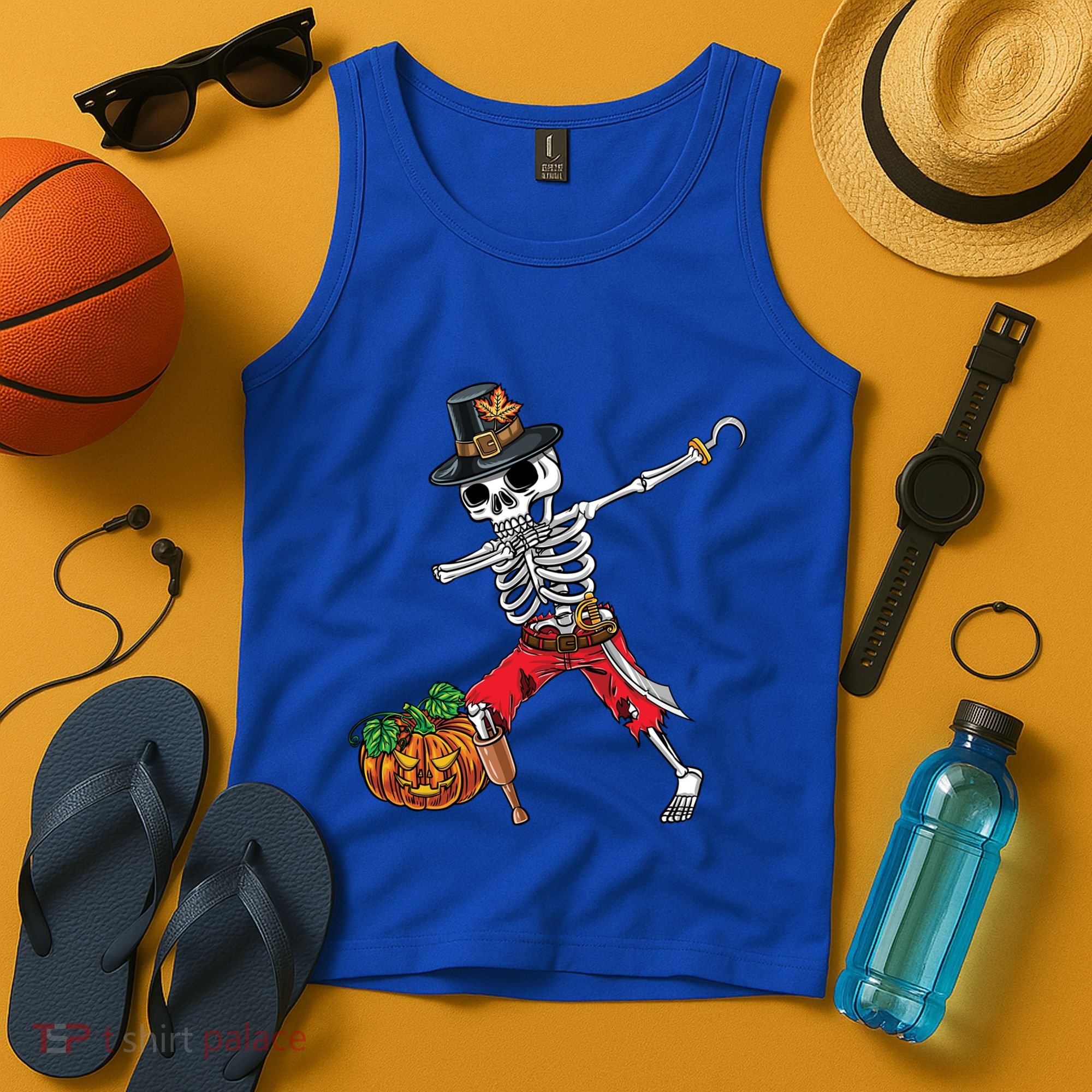 Dabbing Pilgrim Skeleton Pirate Thanksgiving Funny Gift Tank Top