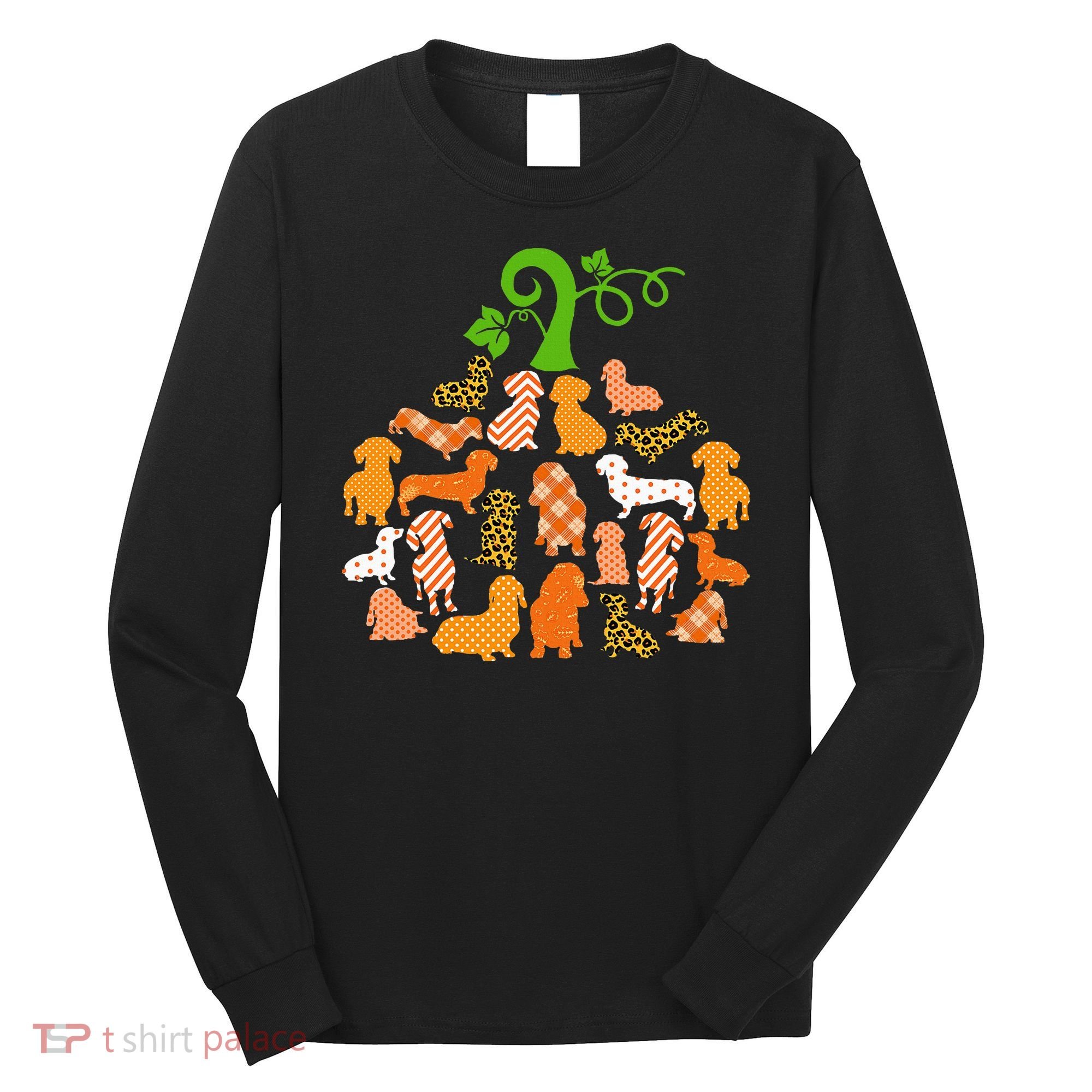 Dachshund Pumpkin Shape Plaid Leopard Dog Autumn Halloween Long Sleeve Shirt